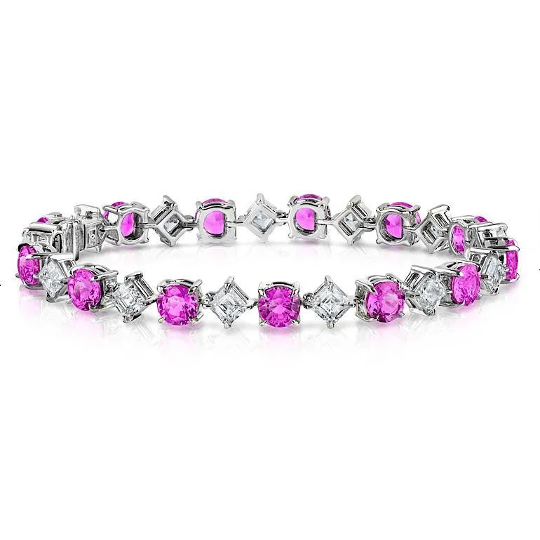 12.46 Carat Round Pink Sapphire and Diamond Platinum Bracelet
