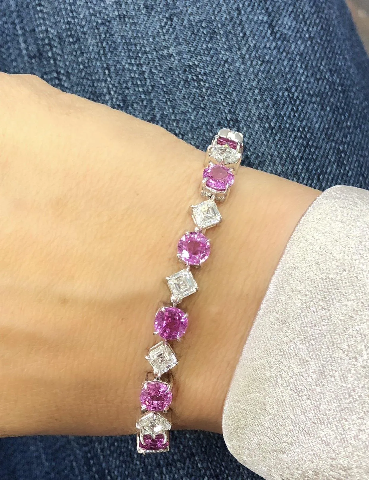 12.46 Carat Round Pink Sapphire and Diamond Platinum Bracelet