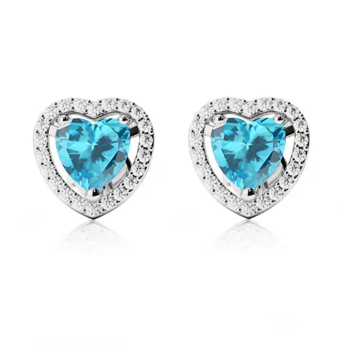 14k White Gold Plated 1/2 Ct Created Halo Heart Blue Topaz Stud Earrings