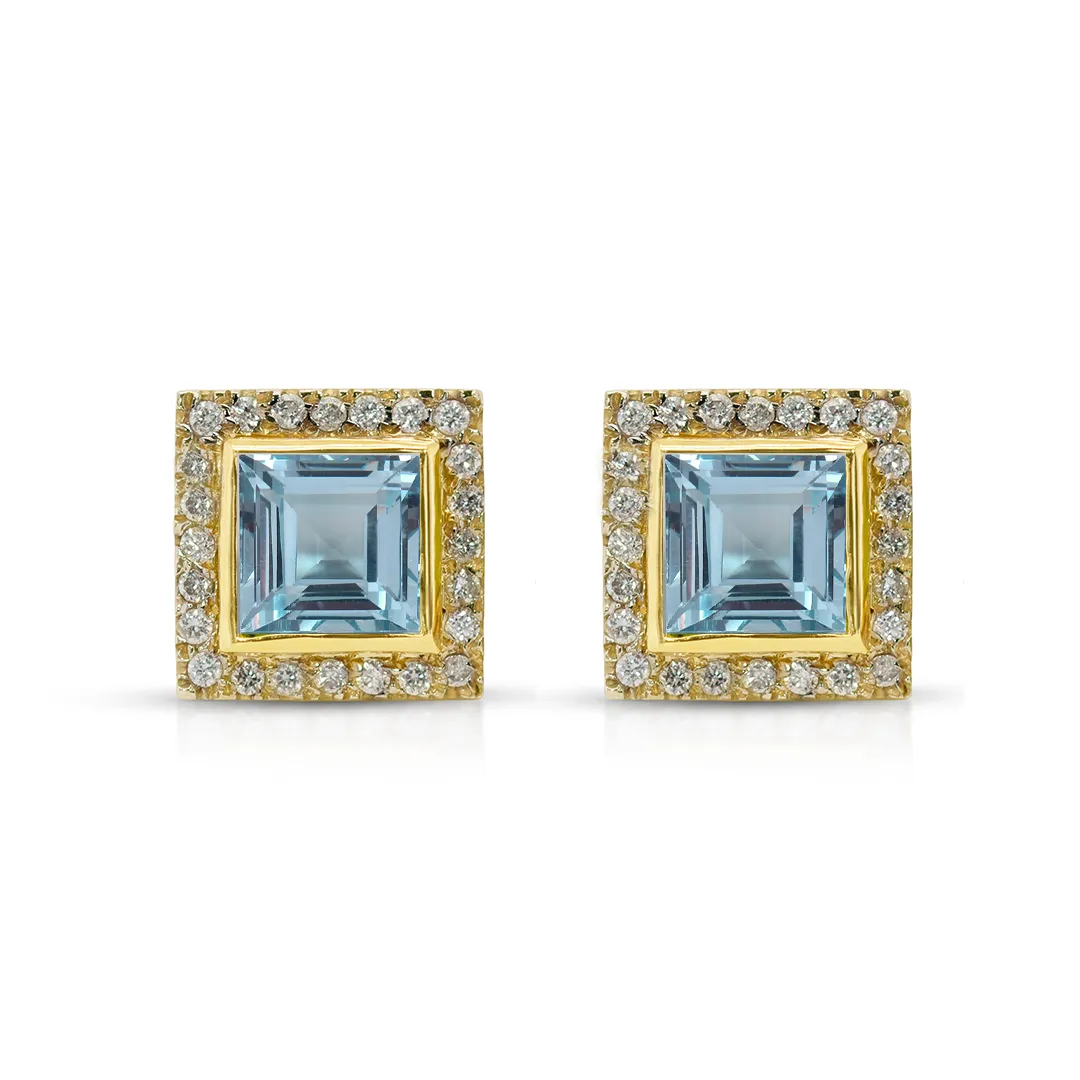 18K Gold, Blue Topaz and Diamond Pave Square SW Earrings