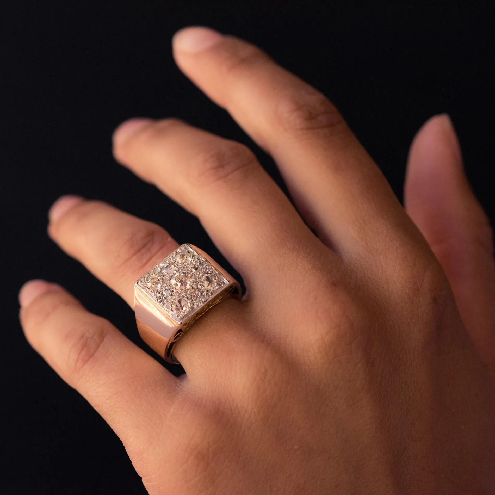 1930s Art Deco Diamond Paving 18 Karat Rose Gold Ring
