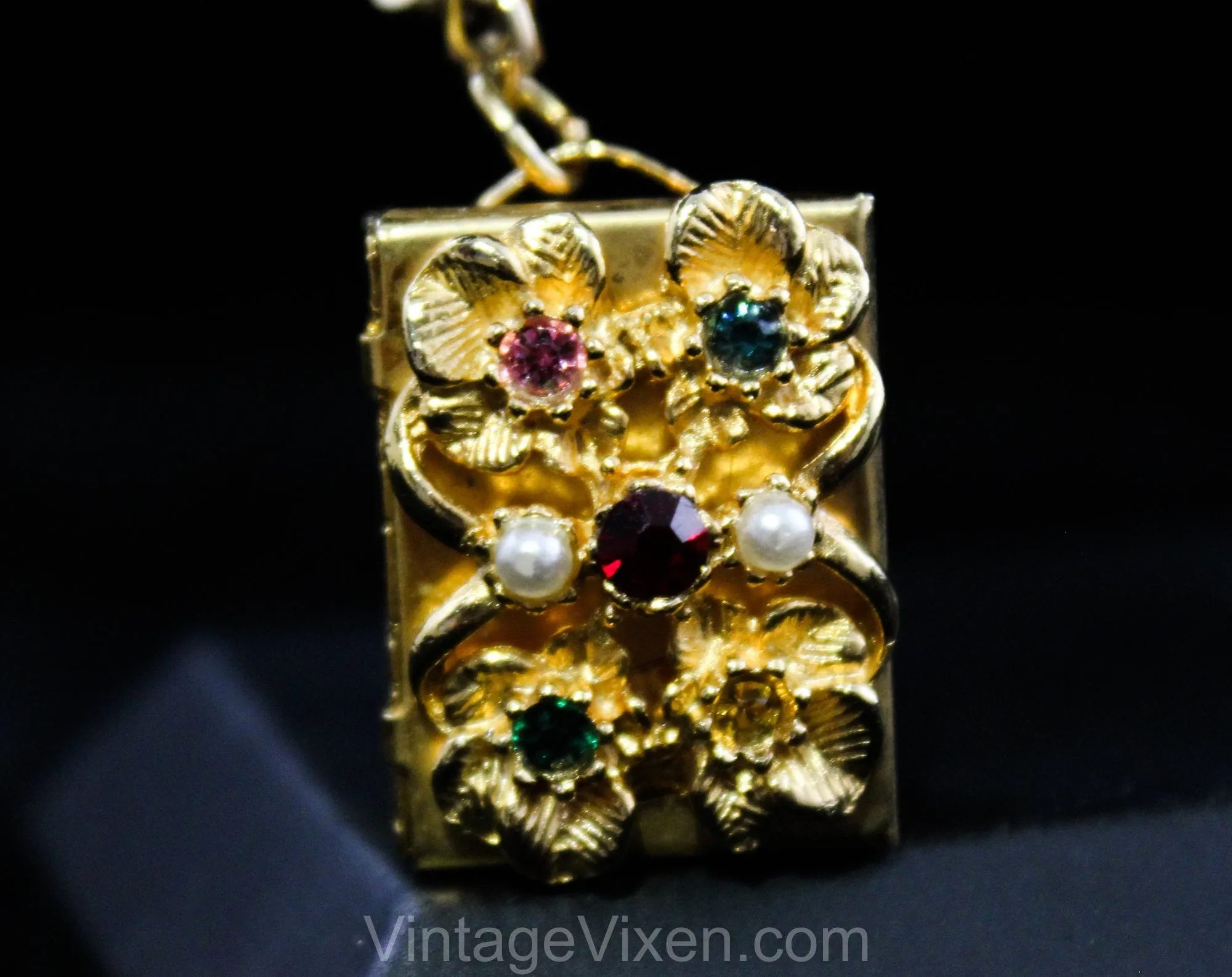 1950s Charm Bracelet with Treasure Box - Bejeweled Rhinestone & Gold Hue Metal Miniature Case on Bold Chain Link - 50s Vintage Gift Idea