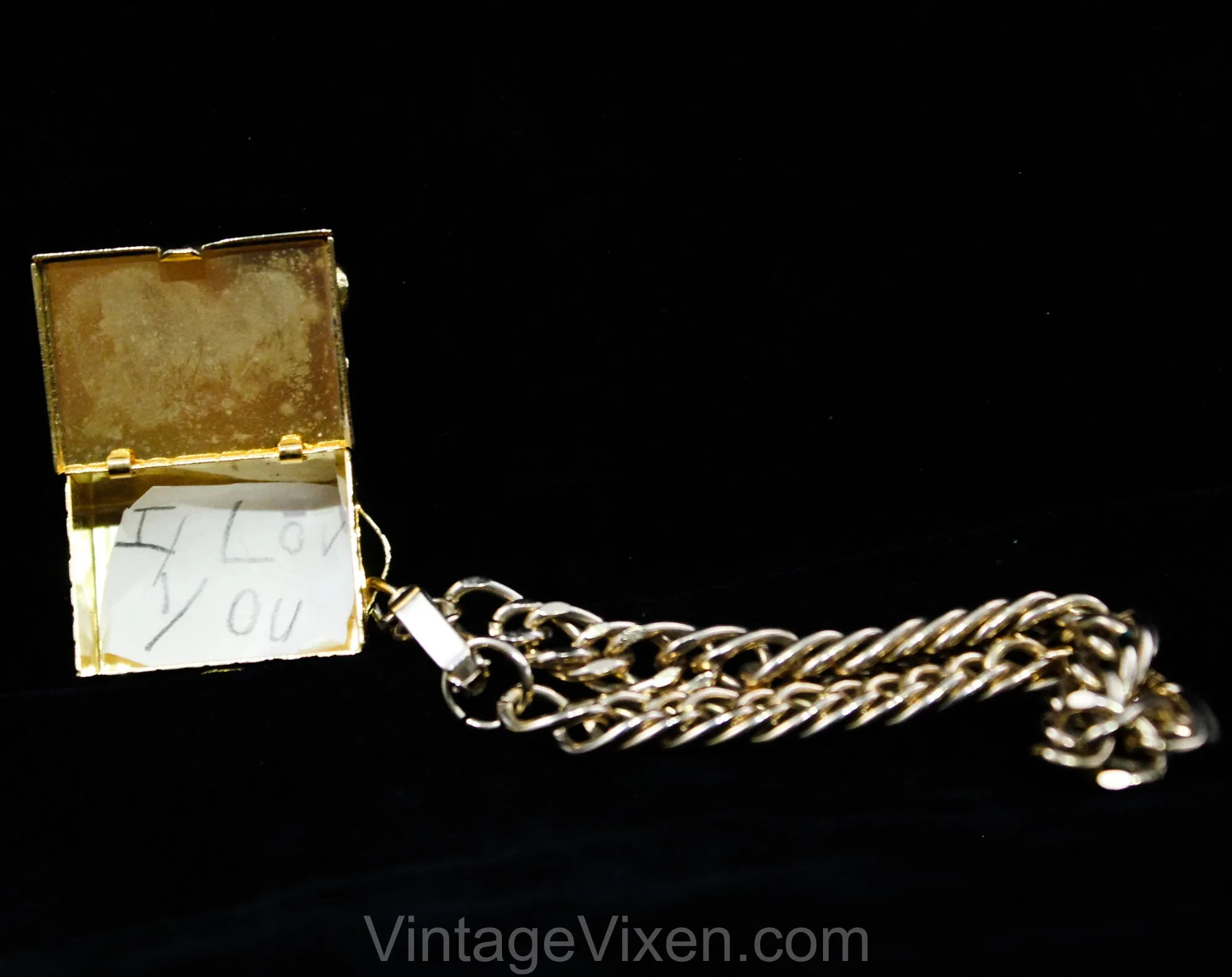 1950s Charm Bracelet with Treasure Box - Bejeweled Rhinestone & Gold Hue Metal Miniature Case on Bold Chain Link - 50s Vintage Gift Idea