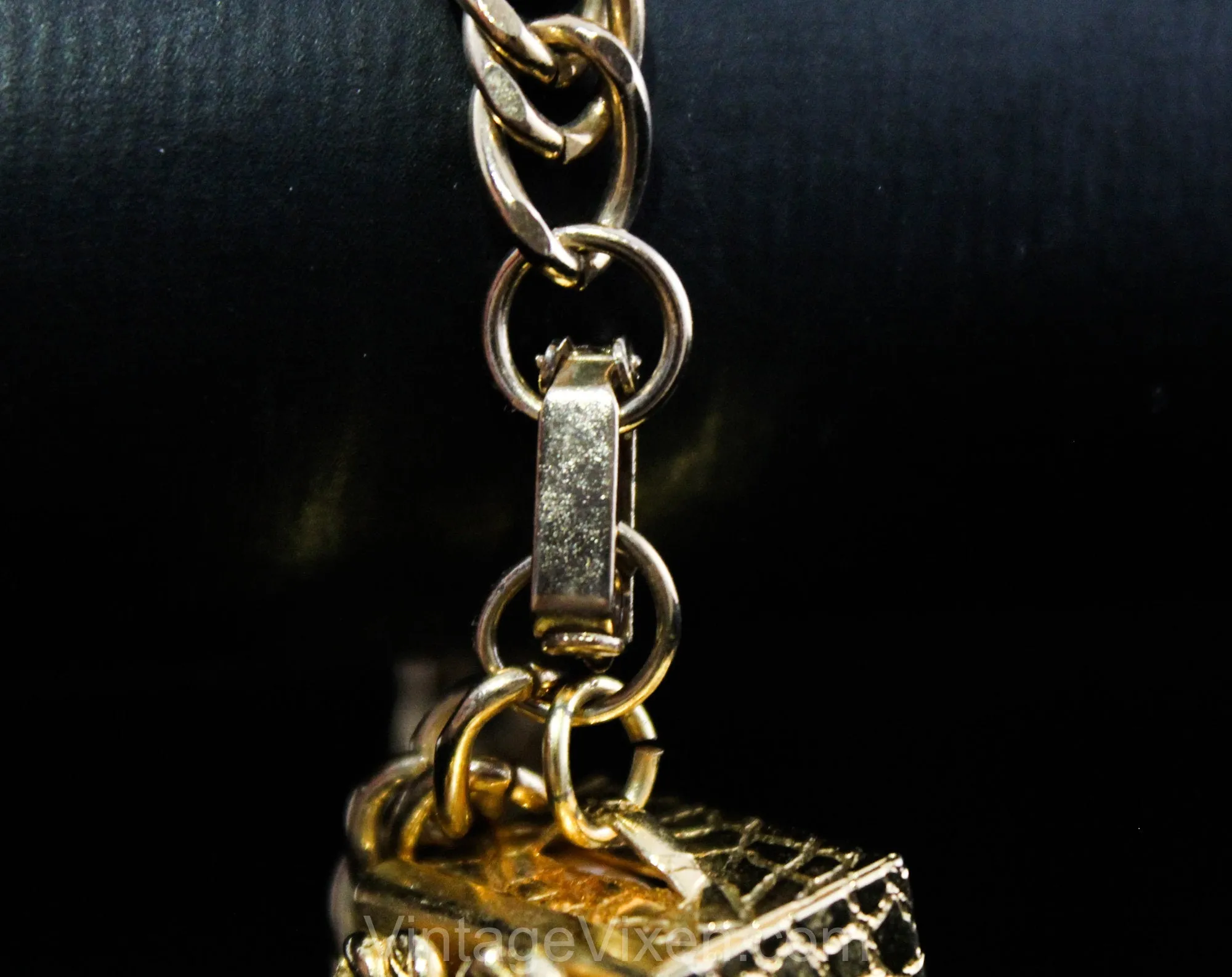 1950s Charm Bracelet with Treasure Box - Bejeweled Rhinestone & Gold Hue Metal Miniature Case on Bold Chain Link - 50s Vintage Gift Idea