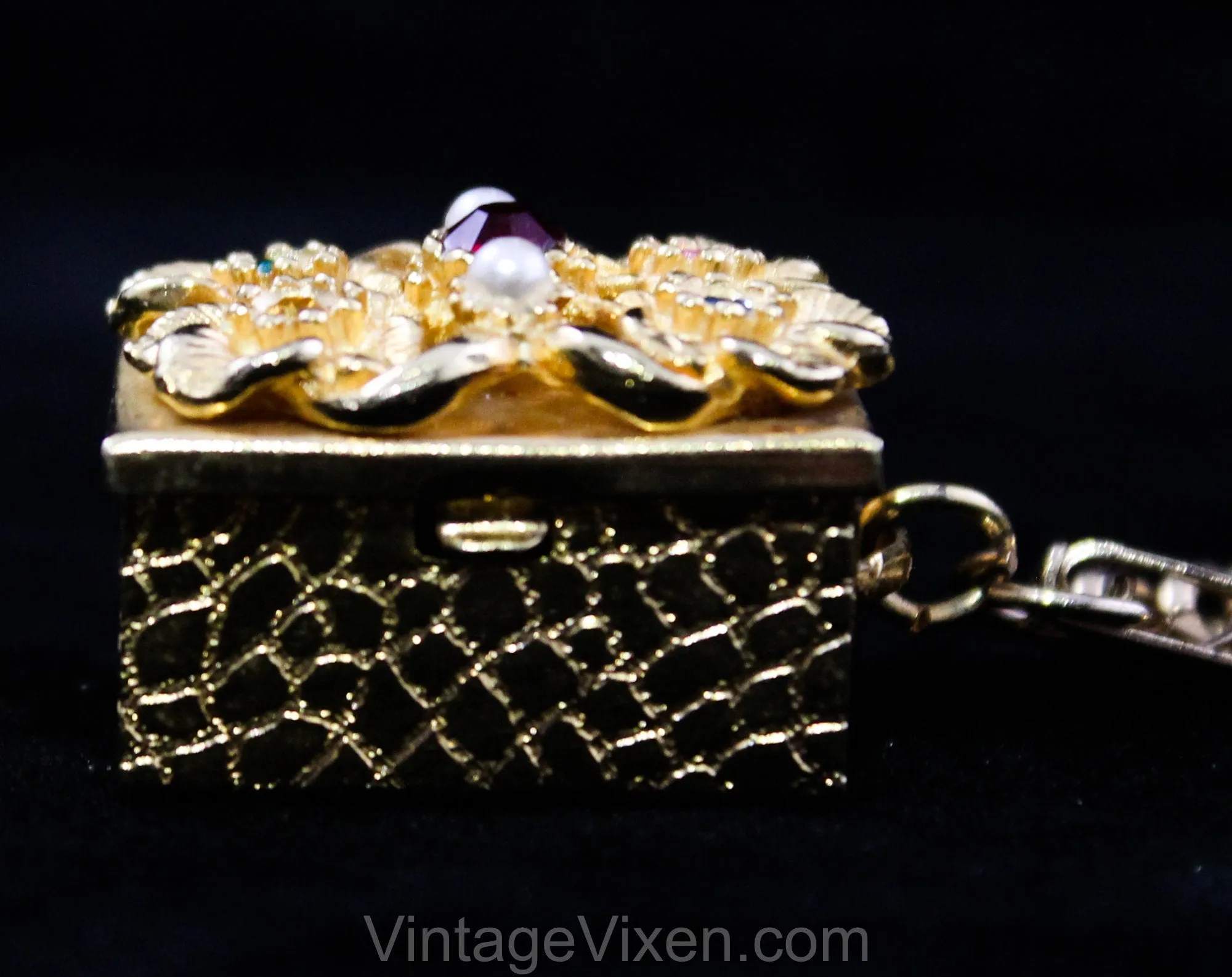 1950s Charm Bracelet with Treasure Box - Bejeweled Rhinestone & Gold Hue Metal Miniature Case on Bold Chain Link - 50s Vintage Gift Idea