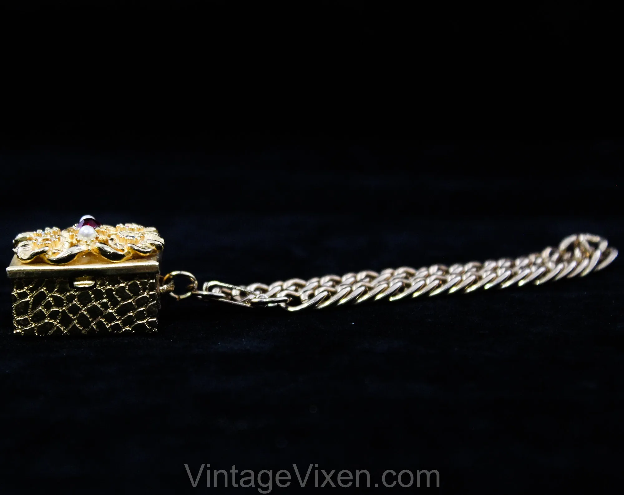 1950s Charm Bracelet with Treasure Box - Bejeweled Rhinestone & Gold Hue Metal Miniature Case on Bold Chain Link - 50s Vintage Gift Idea