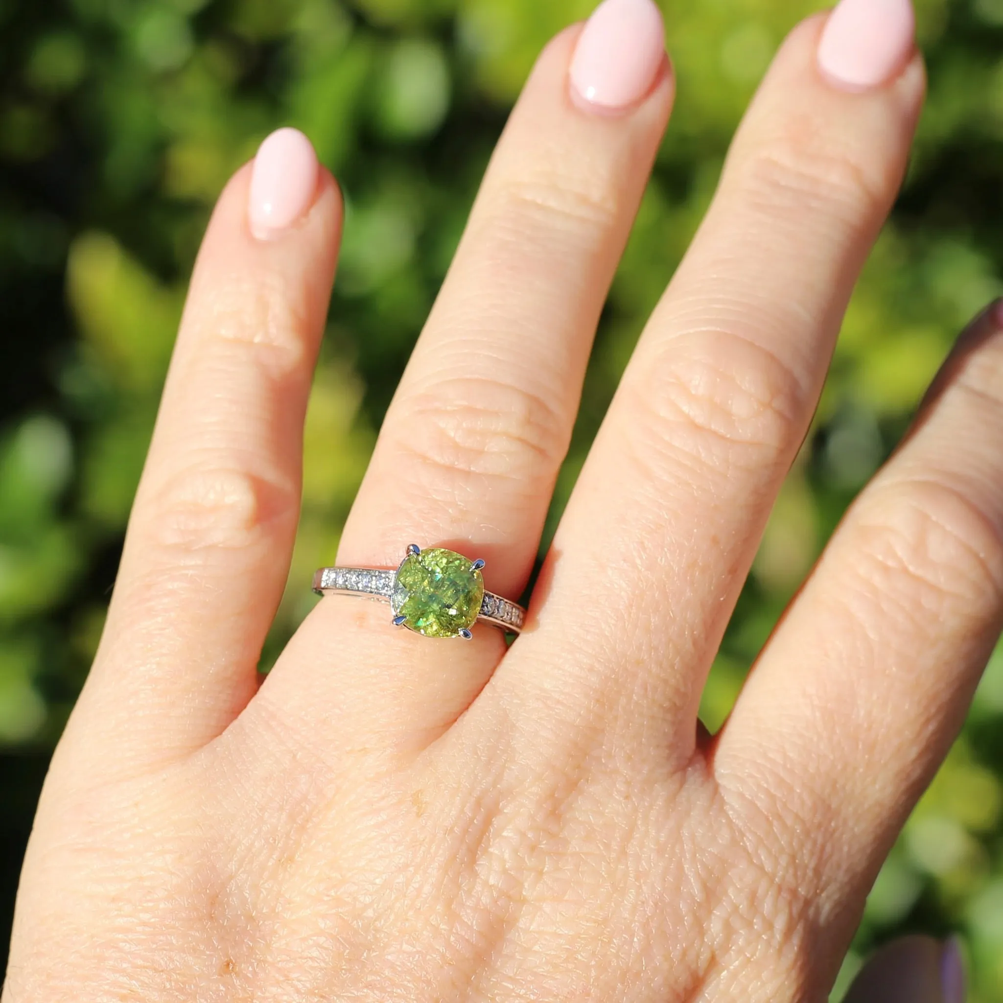 4.11ct Green Zircon and Diamond Ring, 14ct White Gold, size N1/2 or 7, with valuation