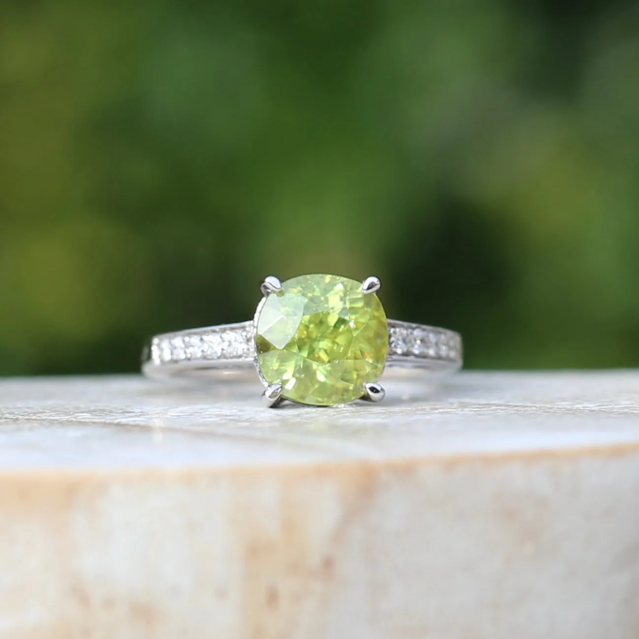 4.11ct Green Zircon and Diamond Ring, 14ct White Gold, size N1/2 or 7, with valuation