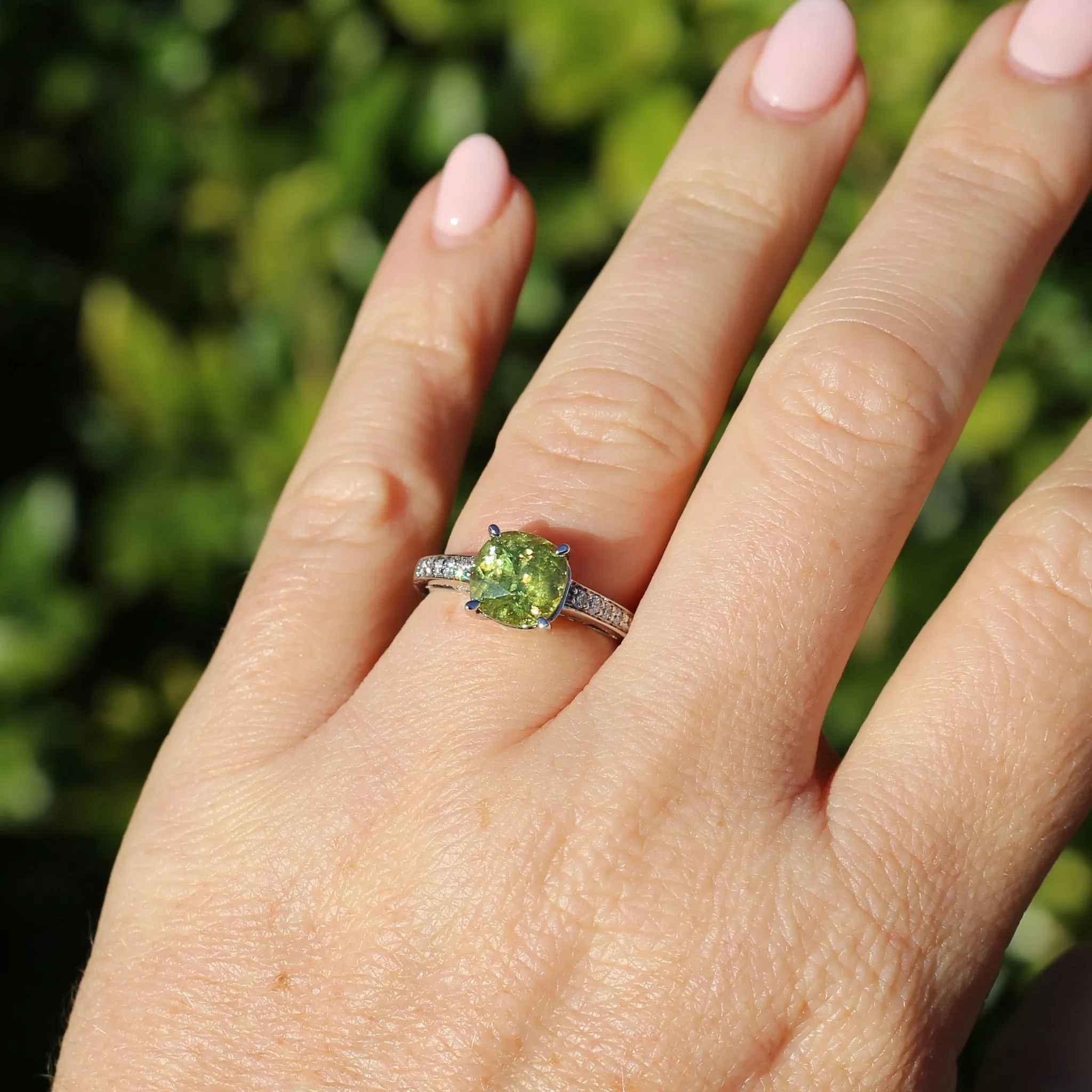 4.11ct Green Zircon and Diamond Ring, 14ct White Gold, size N1/2 or 7, with valuation