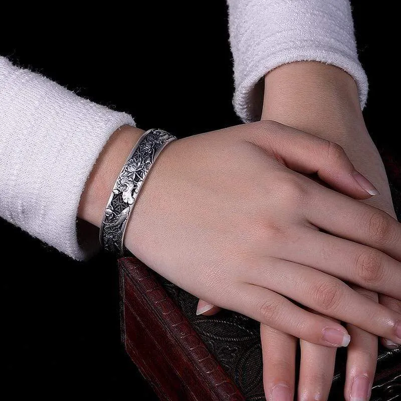 999 Silver Fish and Lotus Bangle Bracelet