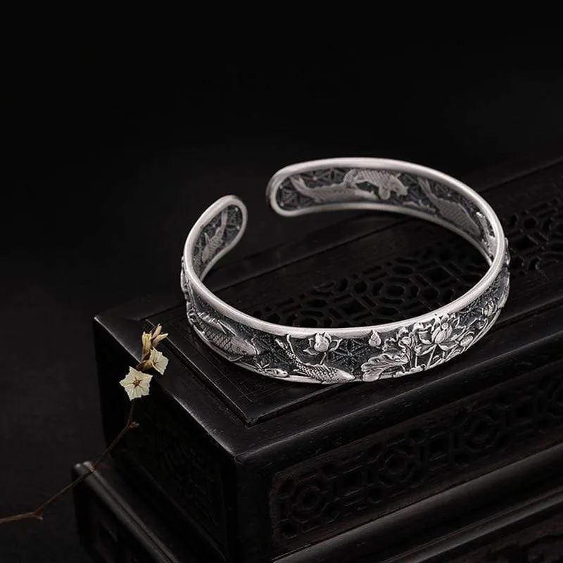 999 Silver Fish and Lotus Bangle Bracelet