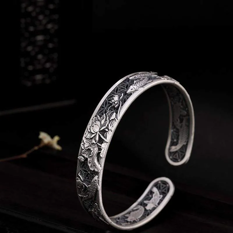 999 Silver Fish and Lotus Bangle Bracelet