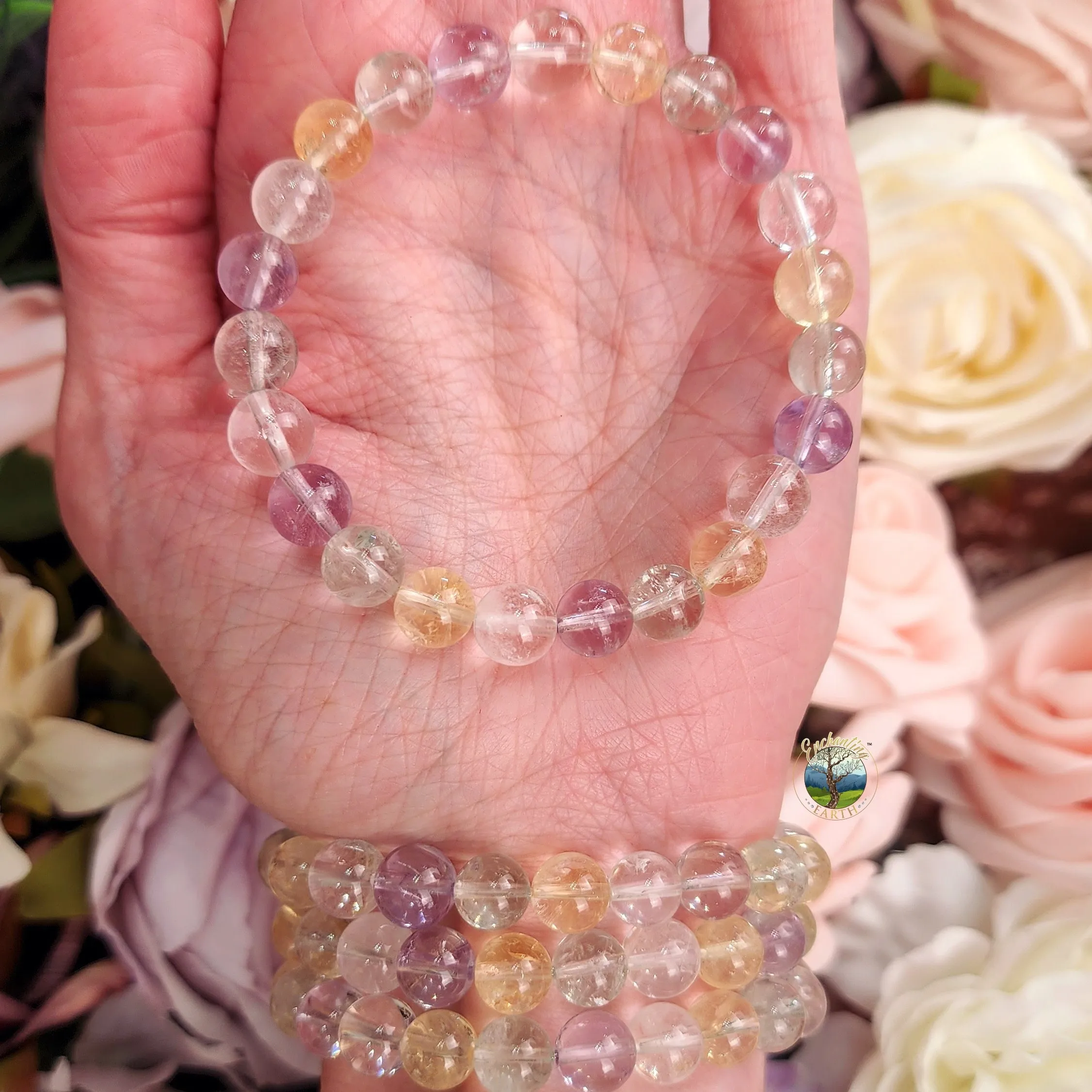 Amethyst, Clear Quartz, Citrine & Praisolite Mix Bracelet for Abundance, Creativity and Protection