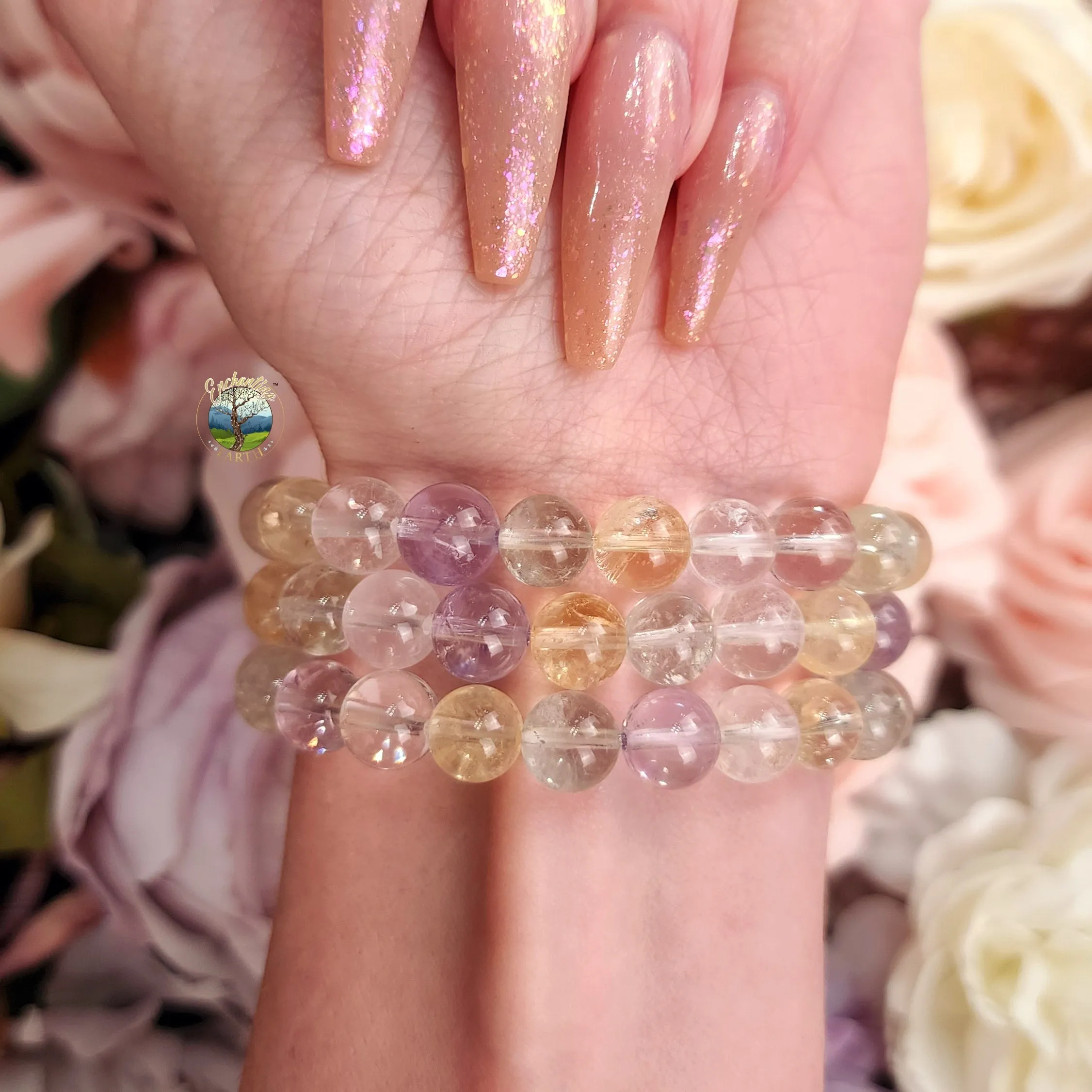 Amethyst, Clear Quartz, Citrine & Praisolite Mix Bracelet for Abundance, Creativity and Protection