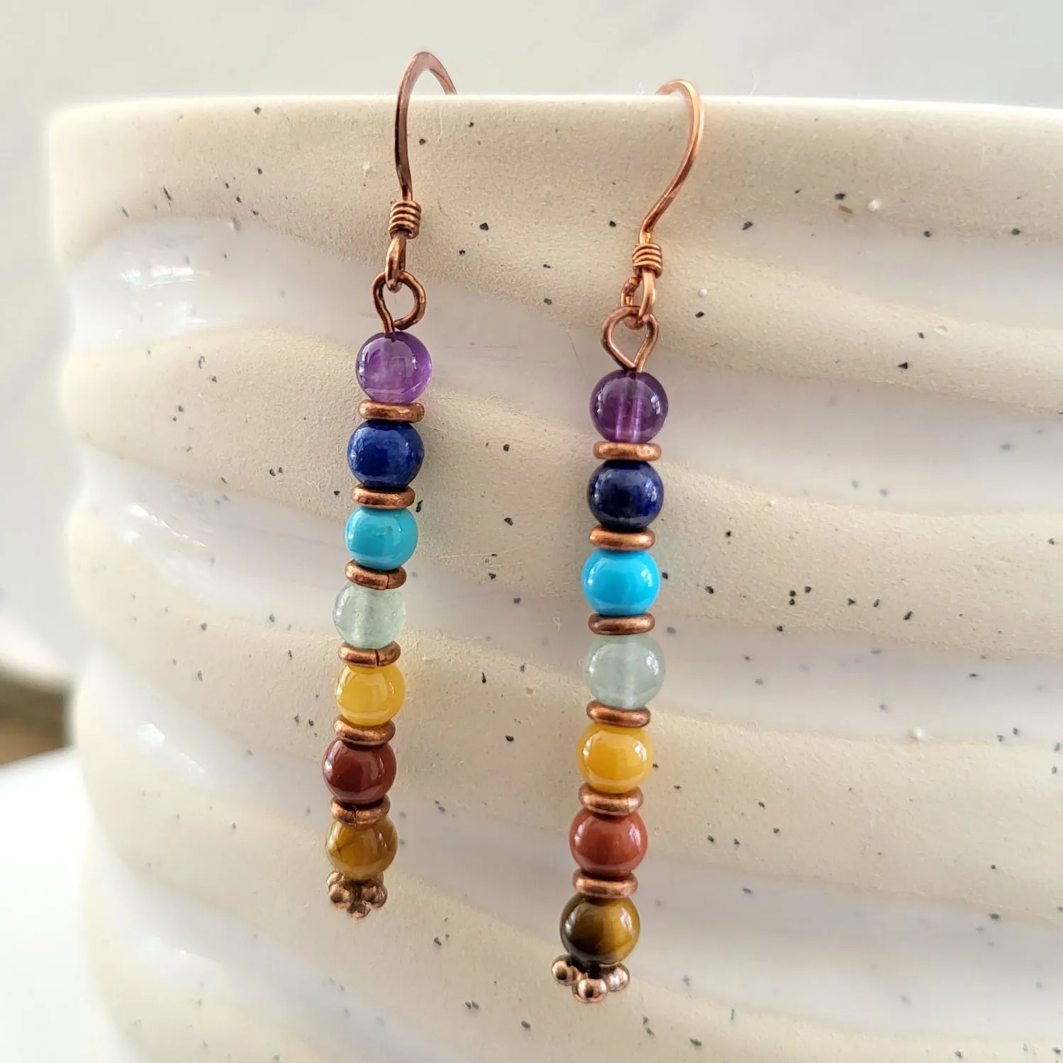BESHEEK Copper Rainbow Hematite Chakra Beaded Dangle Earrings | Hypoallergenic Boho Beach Gala Wedding Style Fashion Earrings