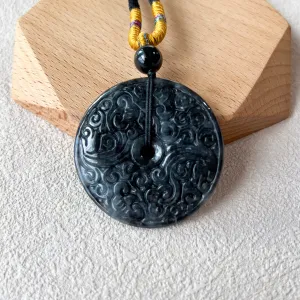 Black Antique Carving Jadeite Jade Circle Donut Carved Necklace, WMC-0323-0001176