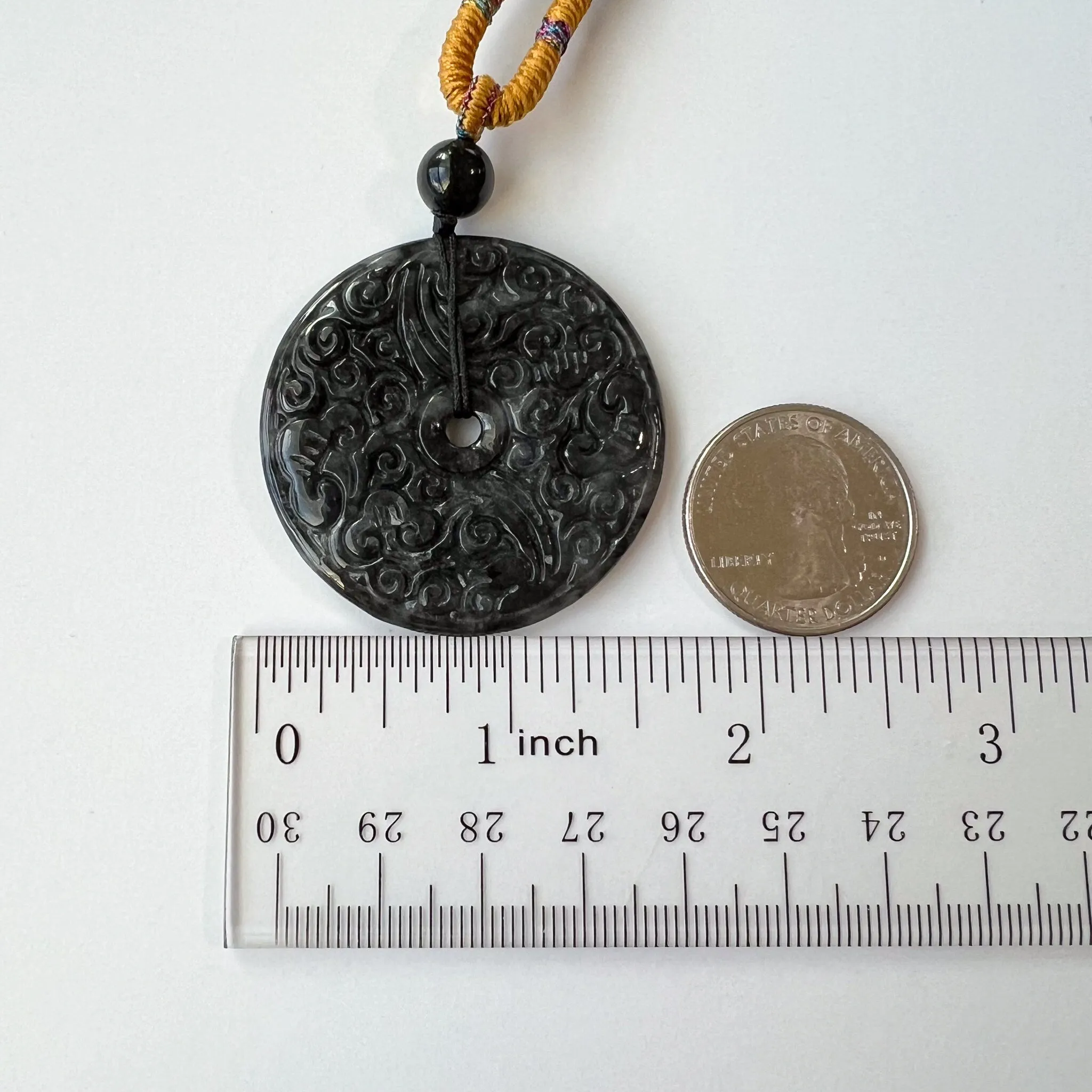 Black Antique Carving Jadeite Jade Circle Donut Carved Necklace, WMC-0323-0001176