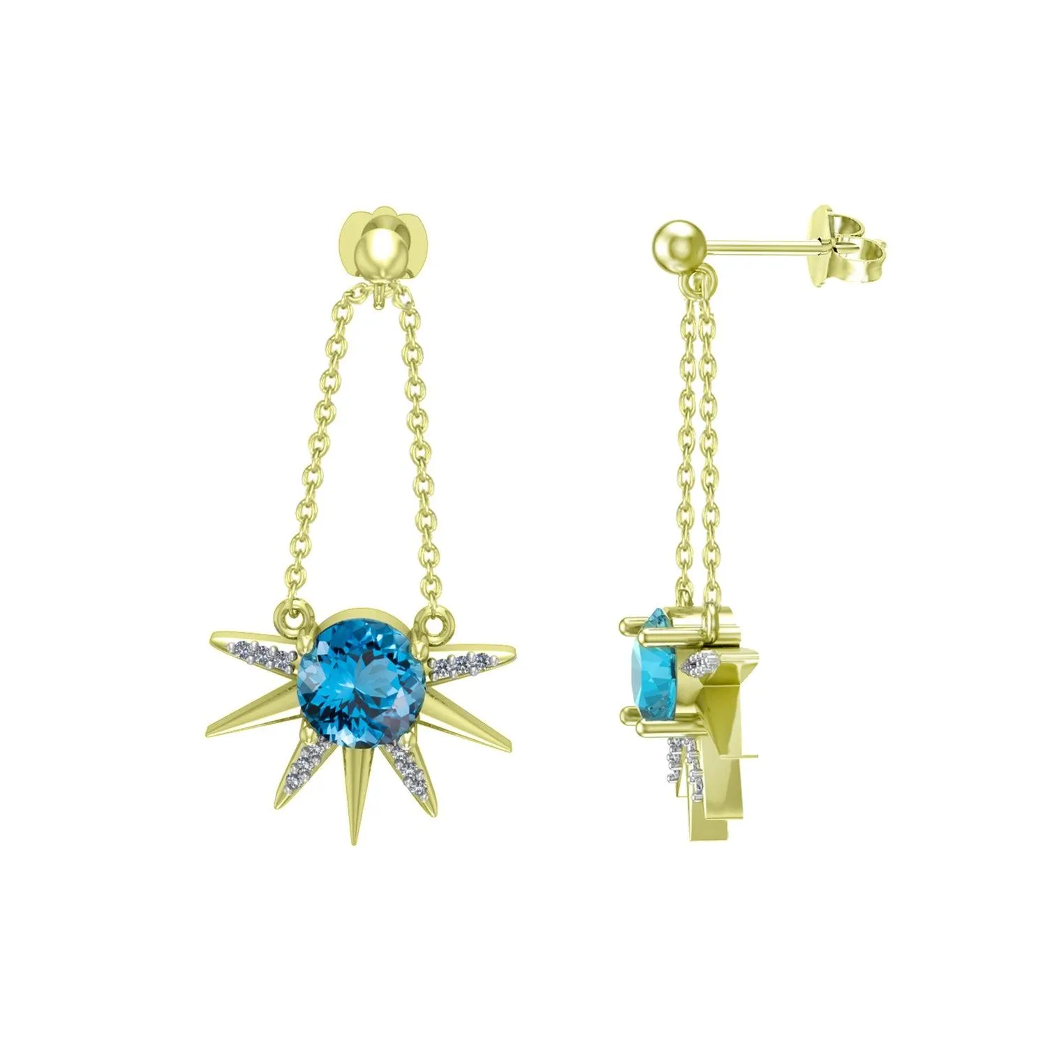 Blue Topaz and Diamond Dangle Half Sun Earrings in 10K  Gold