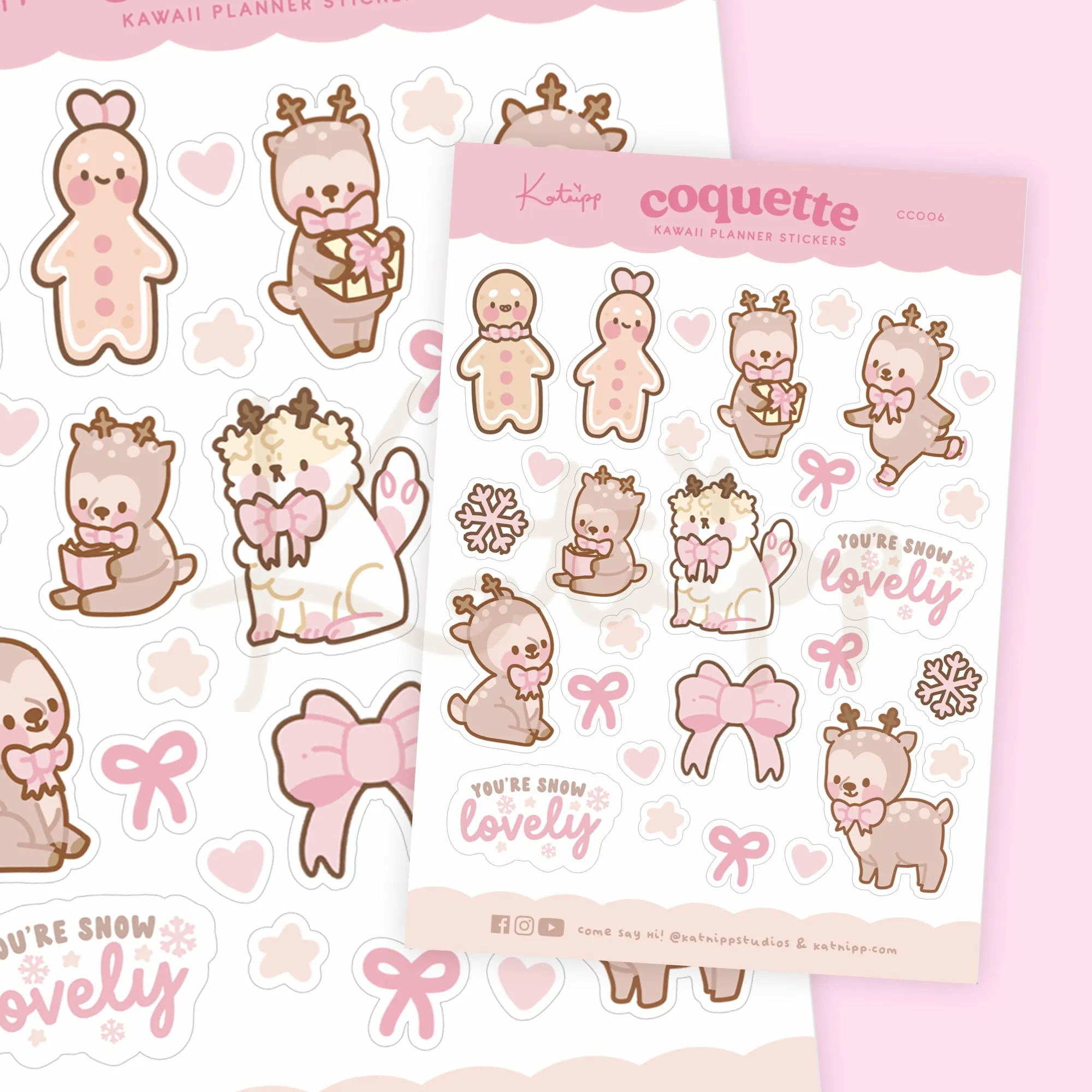 Christmas Pink Coquette Bow Sticker Sheet | Kawaii Christmas Stickers with Cinnamon, Gingie & Spice, Puddin | CC006