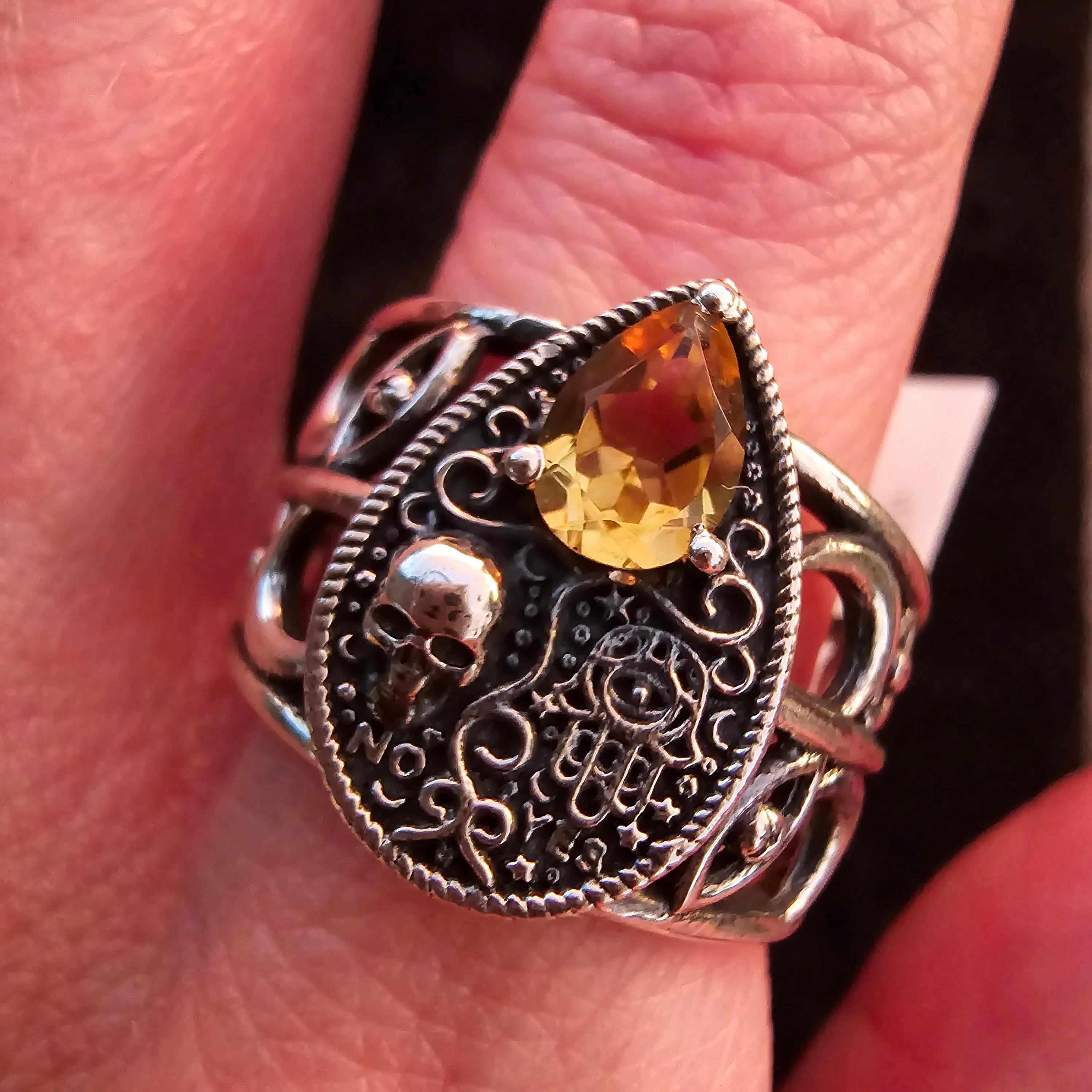 Citrine Ouija Adjustable Finger Cuff Ring .925 Silver for Abundance, Good Luck and Positivity