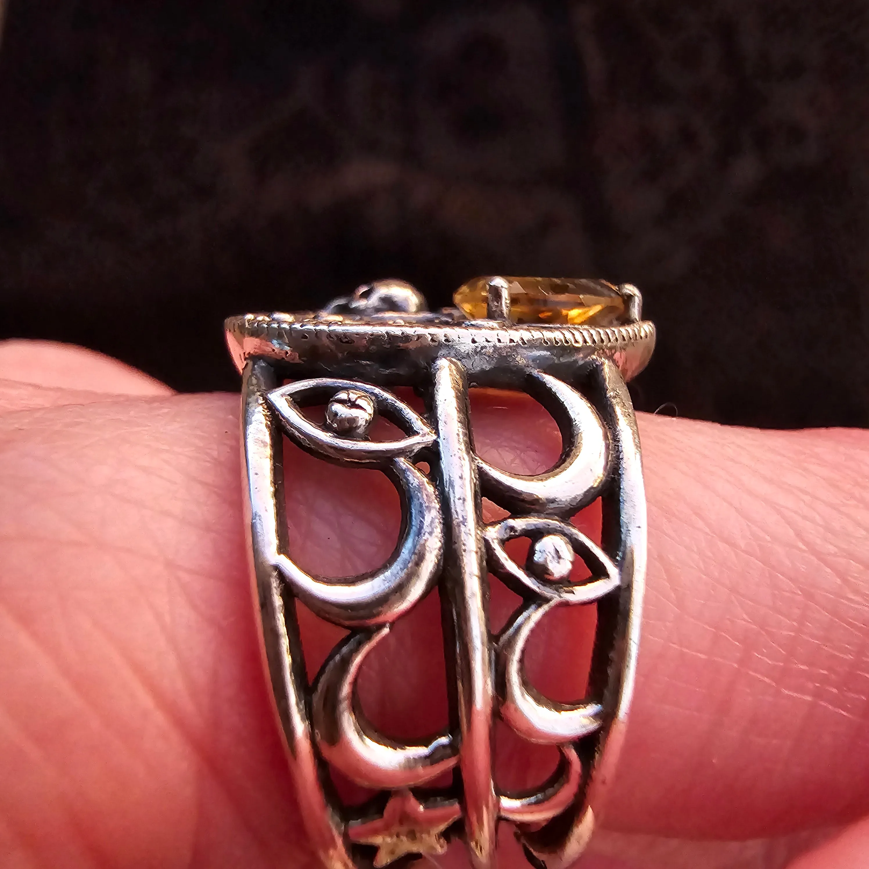 Citrine Ouija Adjustable Finger Cuff Ring .925 Silver for Abundance, Good Luck and Positivity