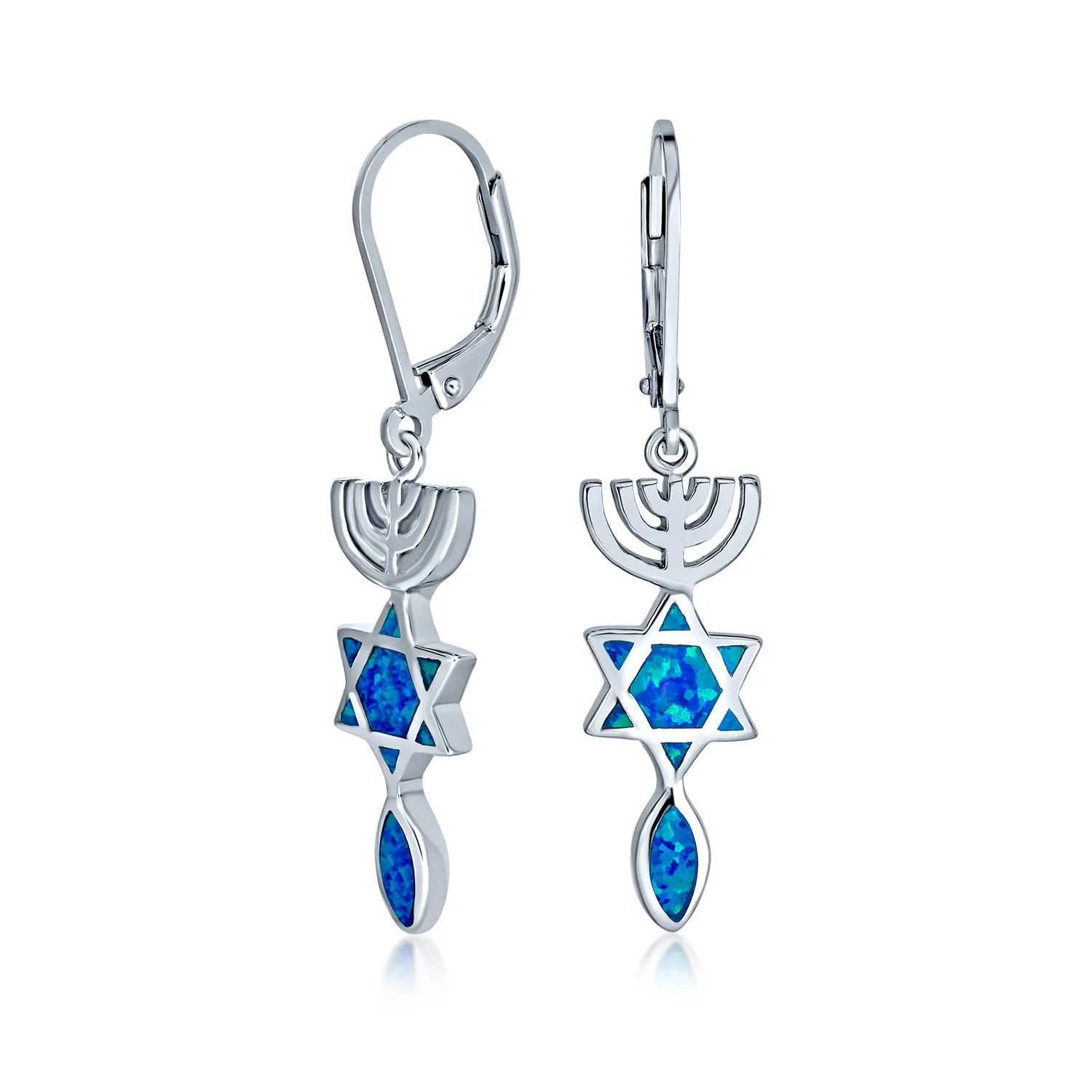 Created Blue Opal Judaica Menorah Star Dangle Gemstone Earrings Sterling Silver