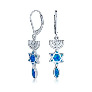 Created Blue Opal Judaica Menorah Star Dangle Gemstone Earrings Sterling Silver