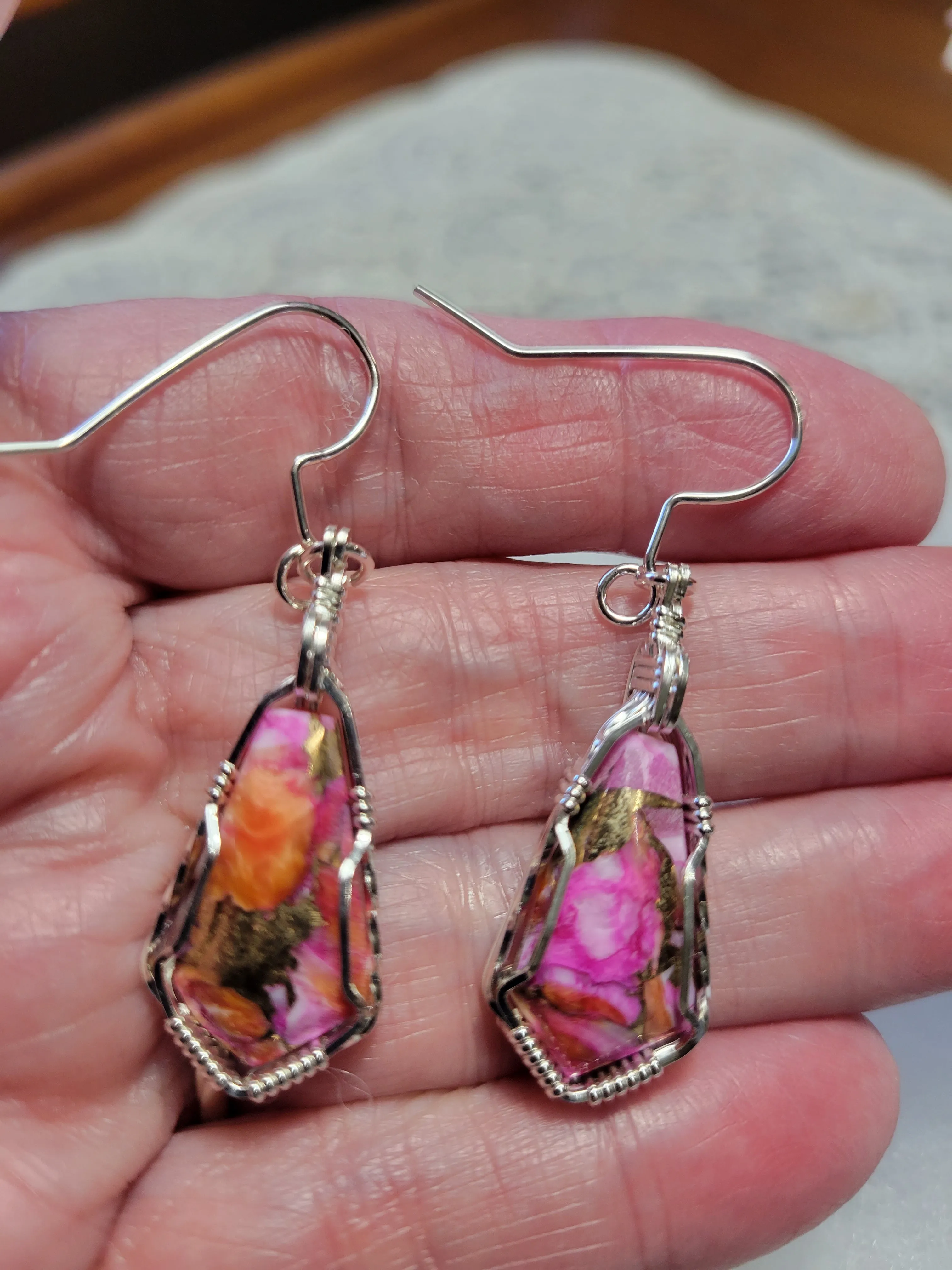 Custom Wire Wrapped Peruvian Pink Opal Spiney Oyster & Bronze Set: Pendant/Necklace Earrings Sterling Silver