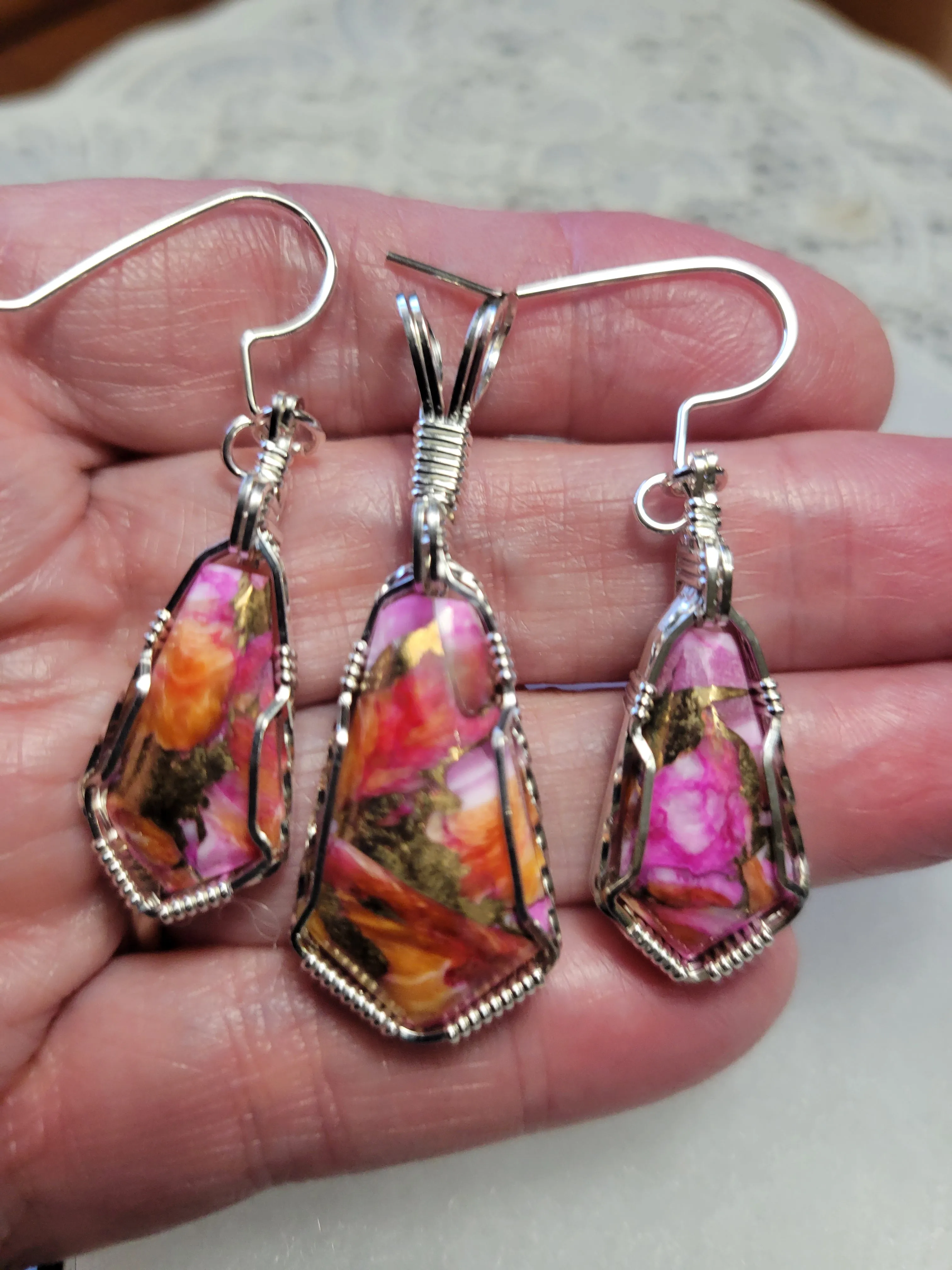 Custom Wire Wrapped Peruvian Pink Opal Spiney Oyster & Bronze Set: Pendant/Necklace Earrings Sterling Silver