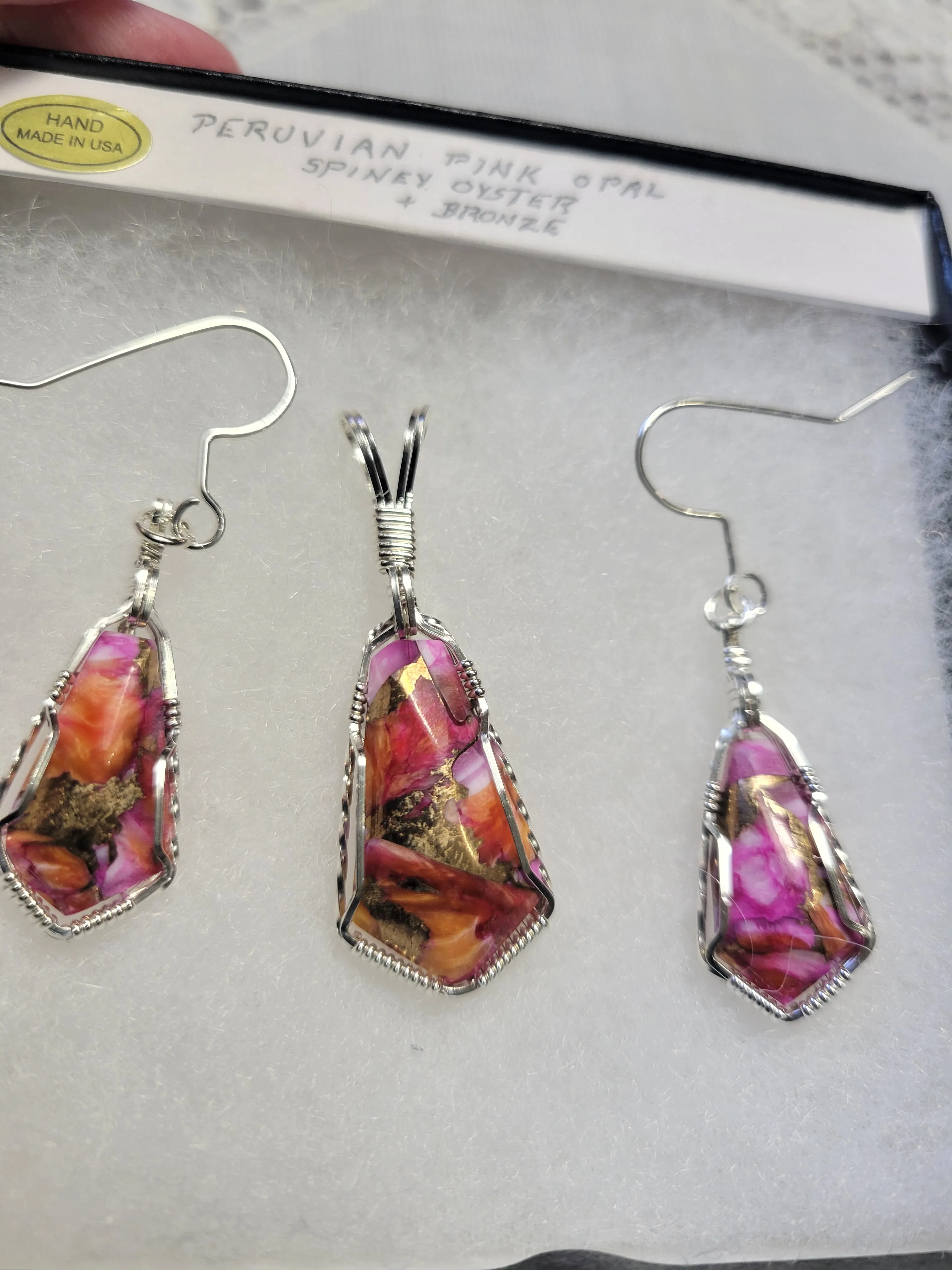 Custom Wire Wrapped Peruvian Pink Opal Spiney Oyster & Bronze Set: Pendant/Necklace Earrings Sterling Silver