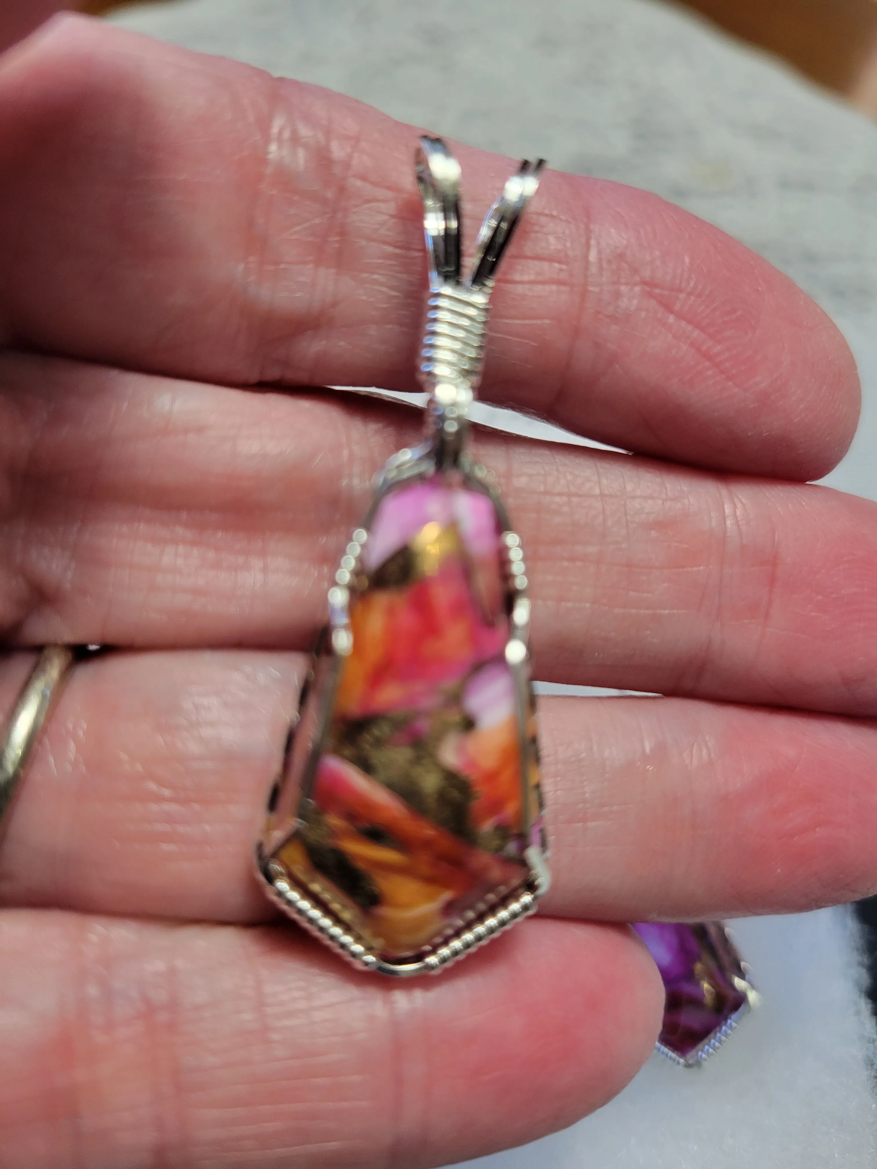 Custom Wire Wrapped Peruvian Pink Opal Spiney Oyster & Bronze Set: Pendant/Necklace Earrings Sterling Silver