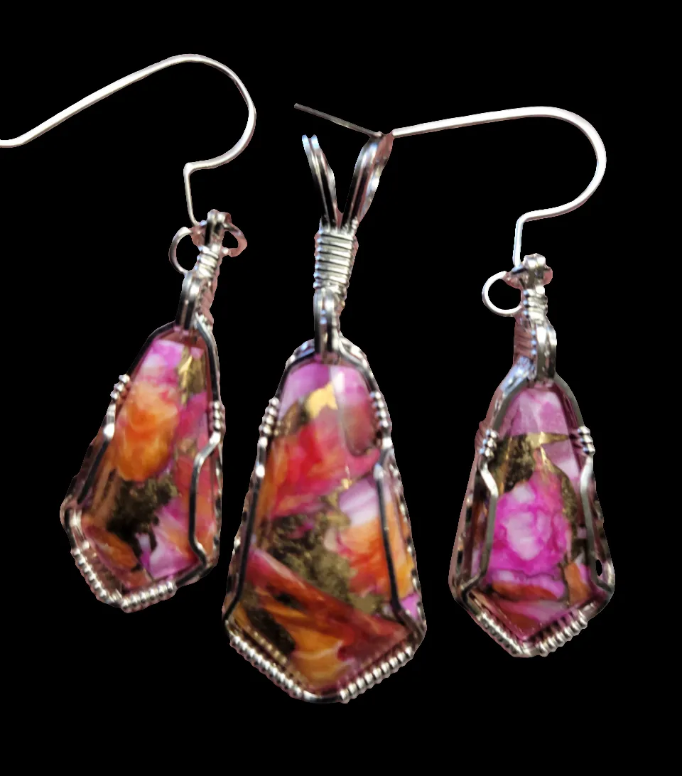 Custom Wire Wrapped Peruvian Pink Opal Spiney Oyster & Bronze Set: Pendant/Necklace Earrings Sterling Silver