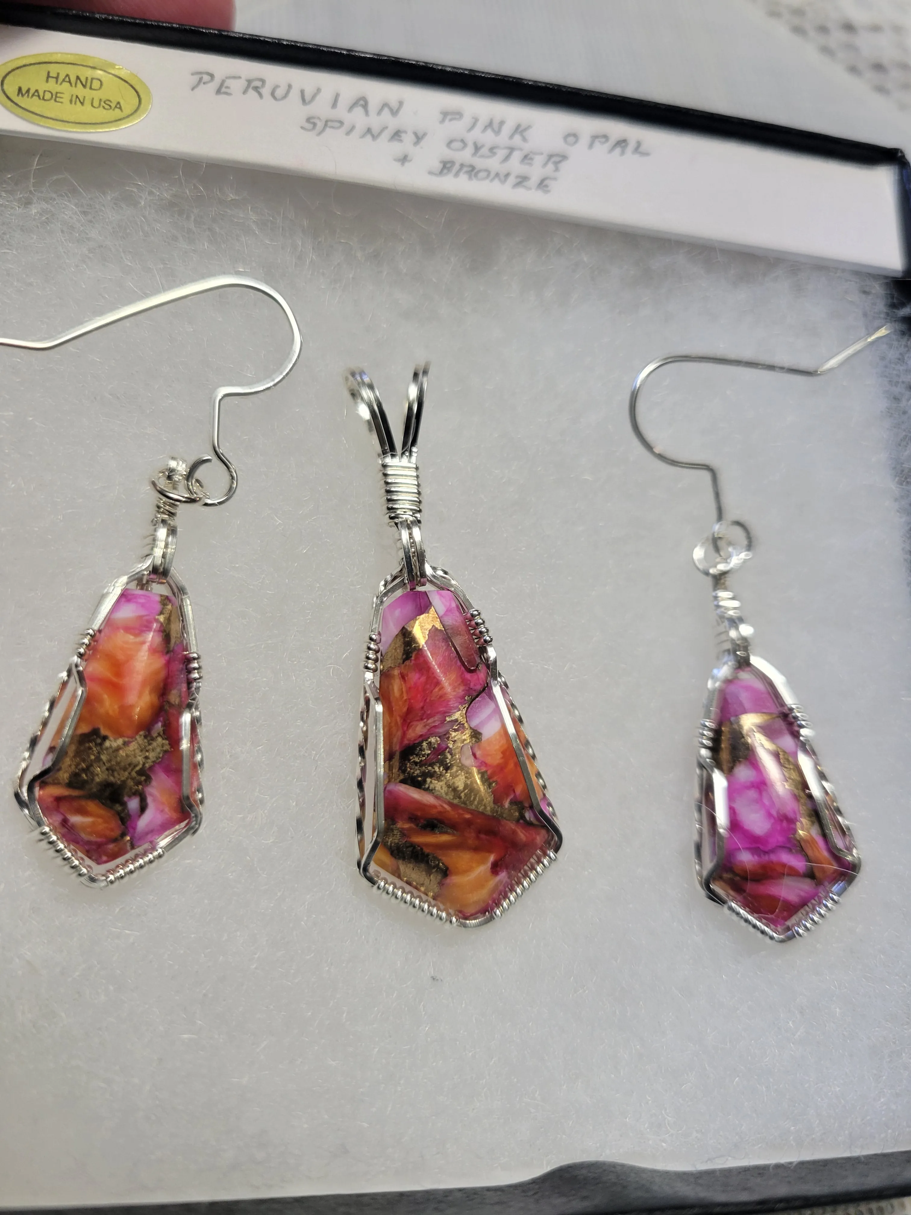 Custom Wire Wrapped Peruvian Pink Opal Spiney Oyster & Bronze Set: Pendant/Necklace Earrings Sterling Silver