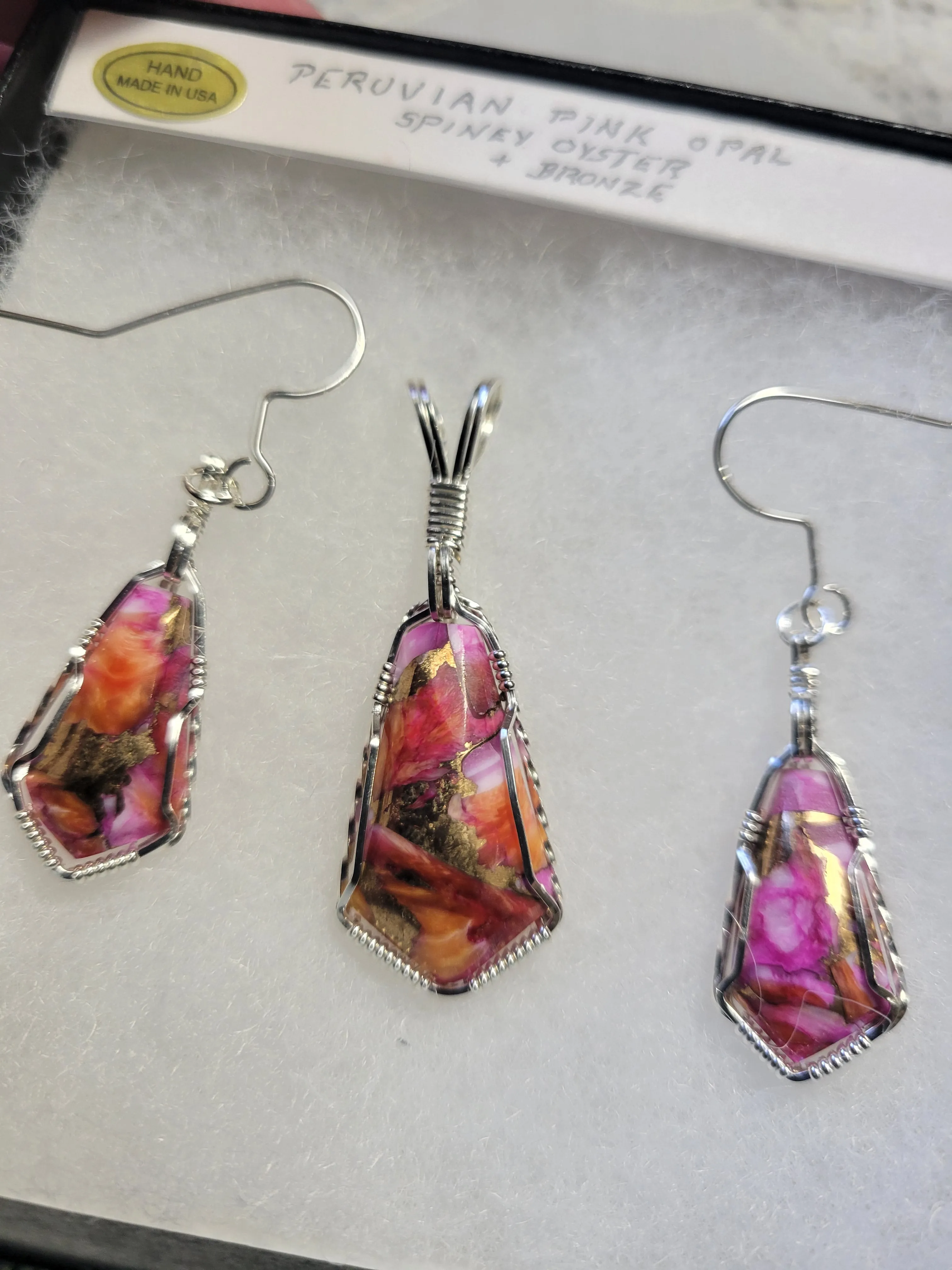 Custom Wire Wrapped Peruvian Pink Opal Spiney Oyster & Bronze Set: Pendant/Necklace Earrings Sterling Silver