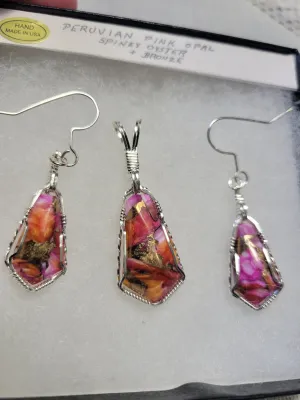 Custom Wire Wrapped Peruvian Pink Opal Spiney Oyster & Bronze Set: Pendant/Necklace Earrings Sterling Silver