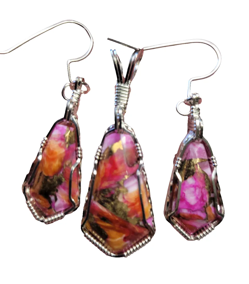 Custom Wire Wrapped Peruvian Pink Opal Spiney Oyster & Bronze Set: Pendant/Necklace Earrings Sterling Silver