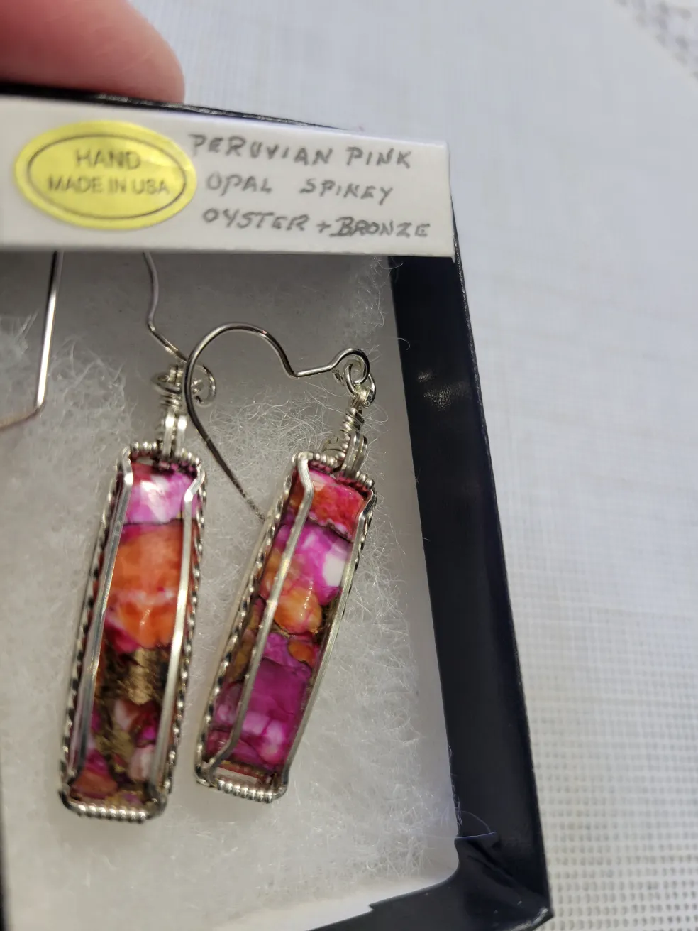 Custom Wire Wrapped Peruvian Pink Opal Spiny Oyster & Bronze Earrings Sterling Silver