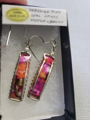 Custom Wire Wrapped Peruvian Pink Opal Spiny Oyster & Bronze Earrings Sterling Silver