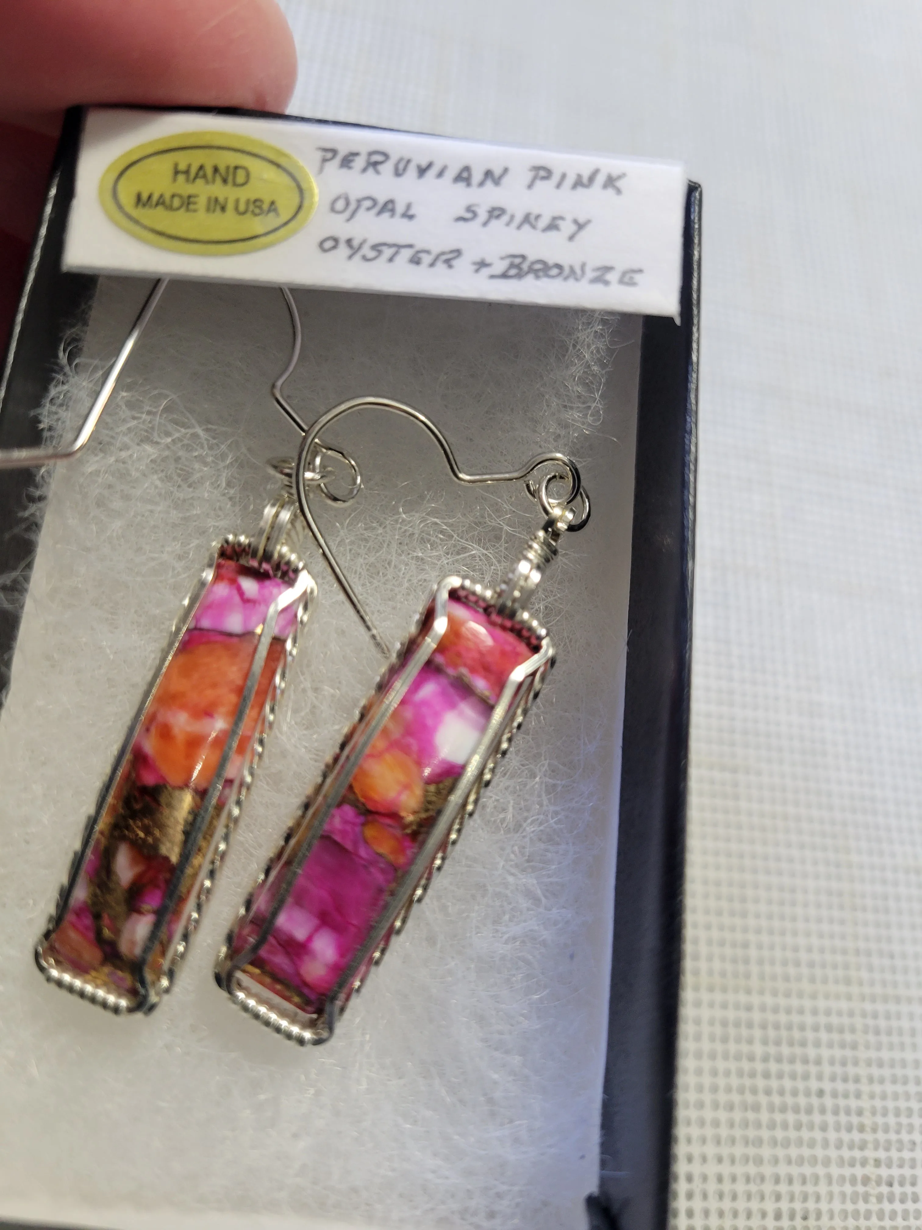 Custom Wire Wrapped Peruvian Pink Opal Spiny Oyster & Bronze Earrings Sterling Silver