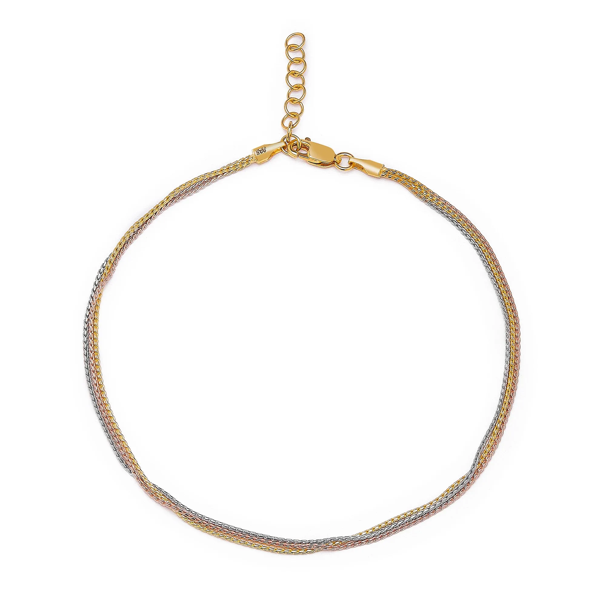 Elegance Tri-Tone Plated 925 Sterling Silver Chain Anklet