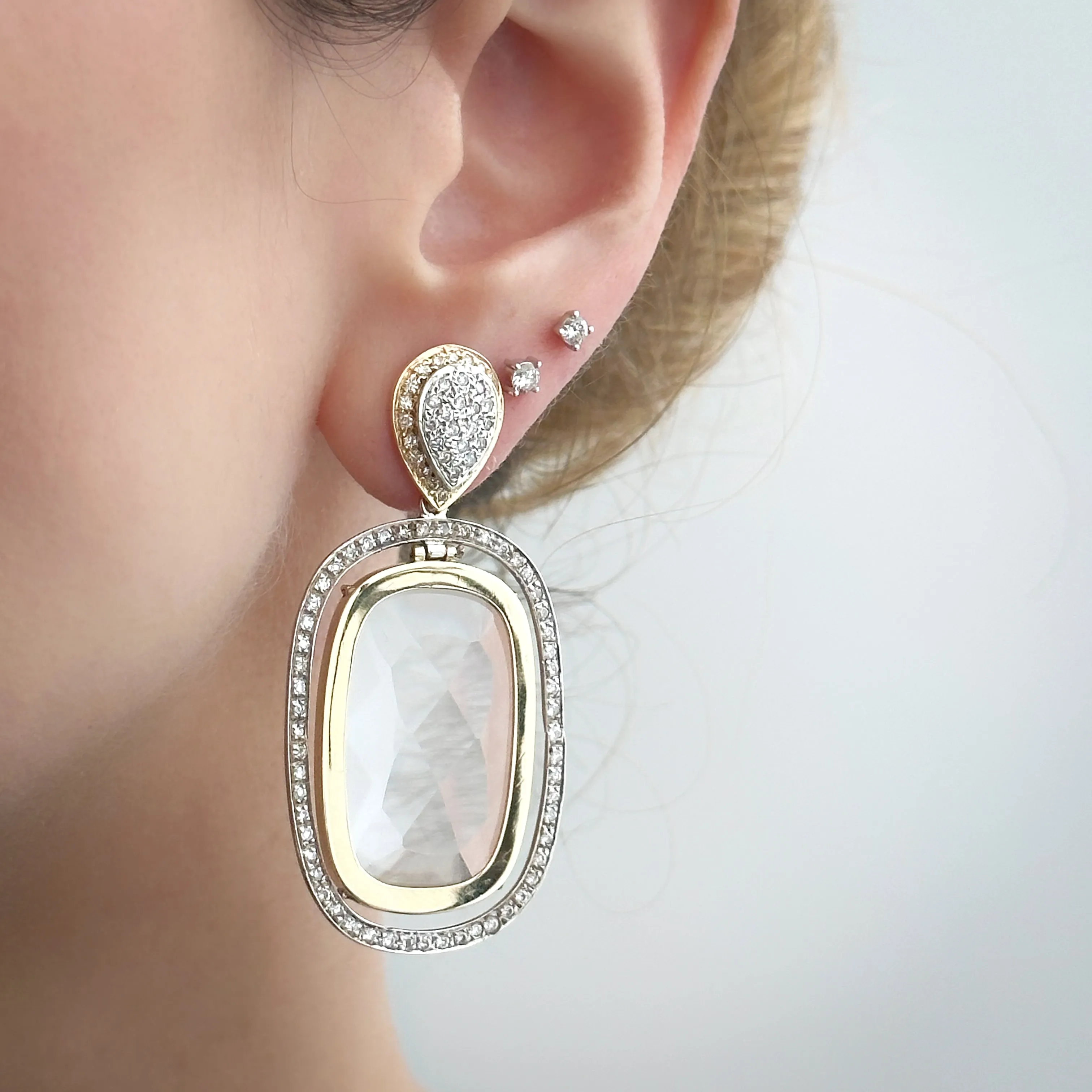 Faceted White Topaz and Diamonds Pendulum Earring Pendants