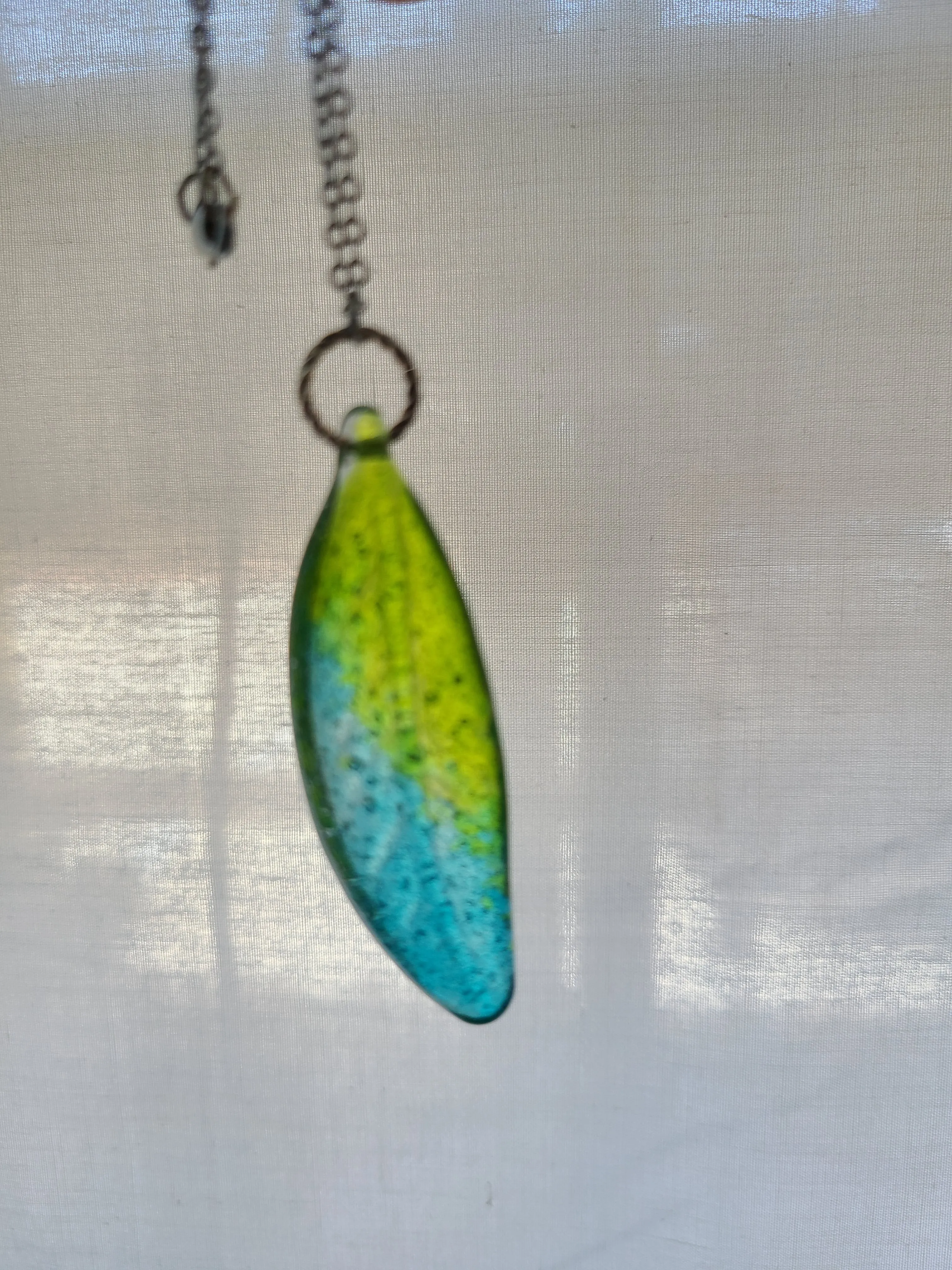 Glass Feather Pendant, Transparent Blue and Green