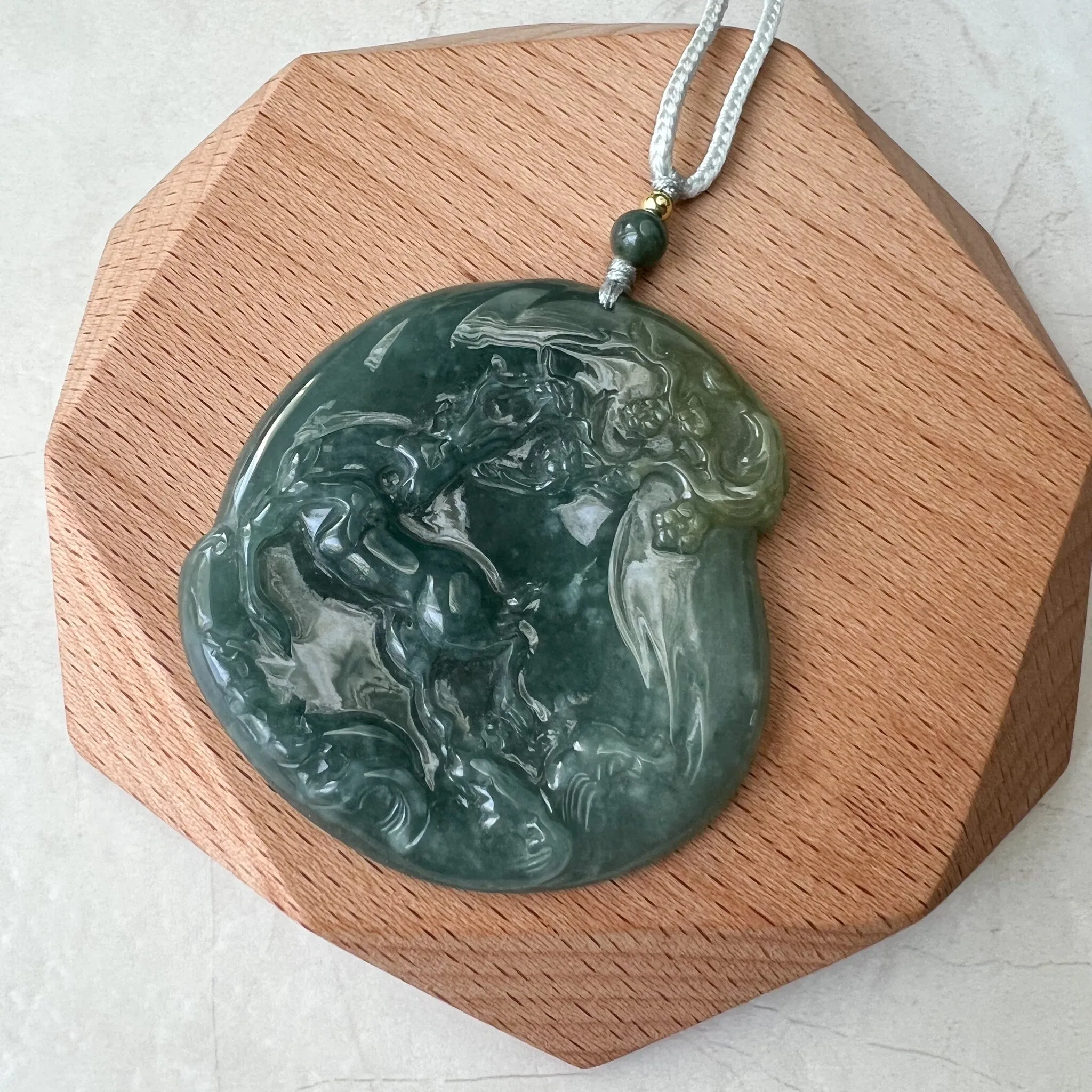 Green Jadeite Jade Deer in Forest Hand Carved Pendant Necklace, ZYF-0322-1652657255