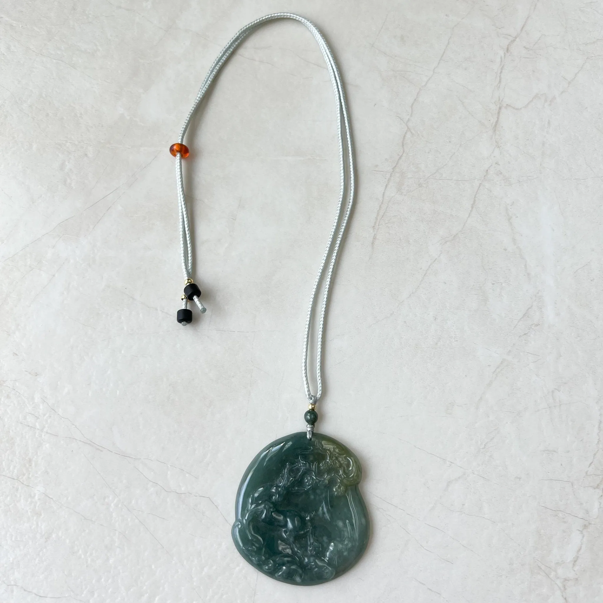 Green Jadeite Jade Deer in Forest Hand Carved Pendant Necklace, ZYF-0322-1652657255
