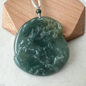 Green Jadeite Jade Deer in Forest Hand Carved Pendant Necklace, ZYF-0322-1652657255