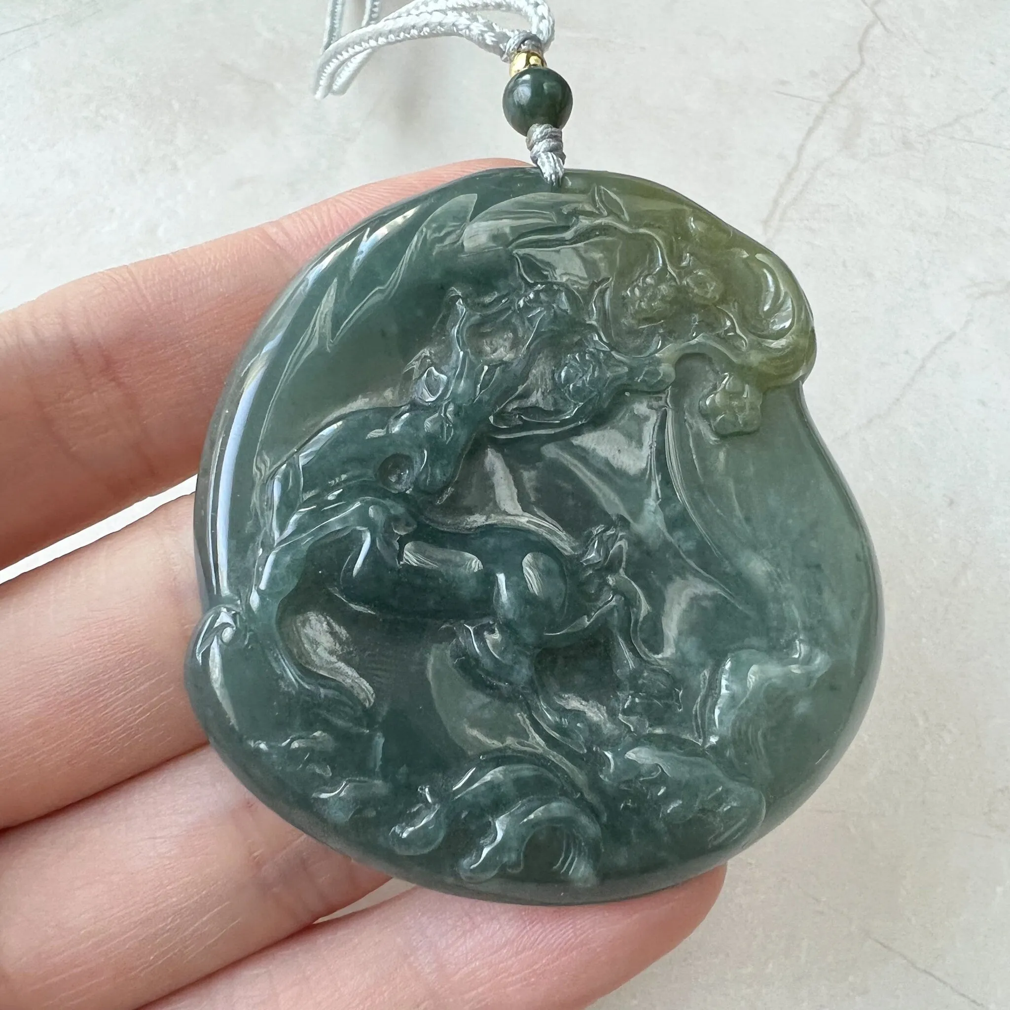 Green Jadeite Jade Deer in Forest Hand Carved Pendant Necklace, ZYF-0322-1652657255