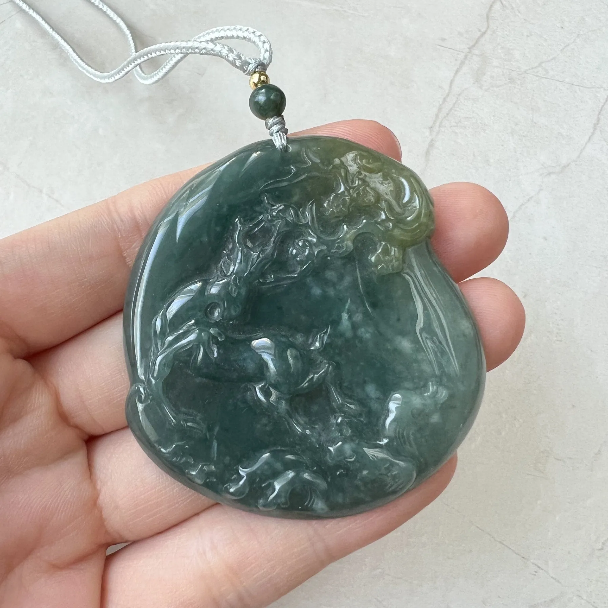 Green Jadeite Jade Deer in Forest Hand Carved Pendant Necklace, ZYF-0322-1652657255
