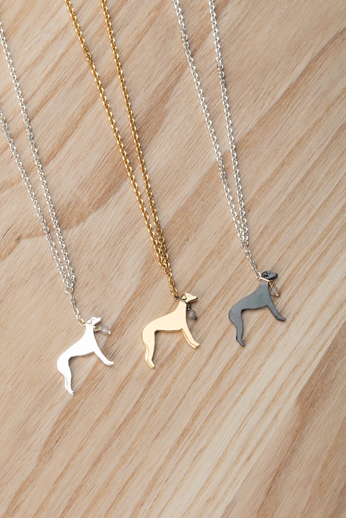 Greyhound bracelet in sterling silver, gold plate or black