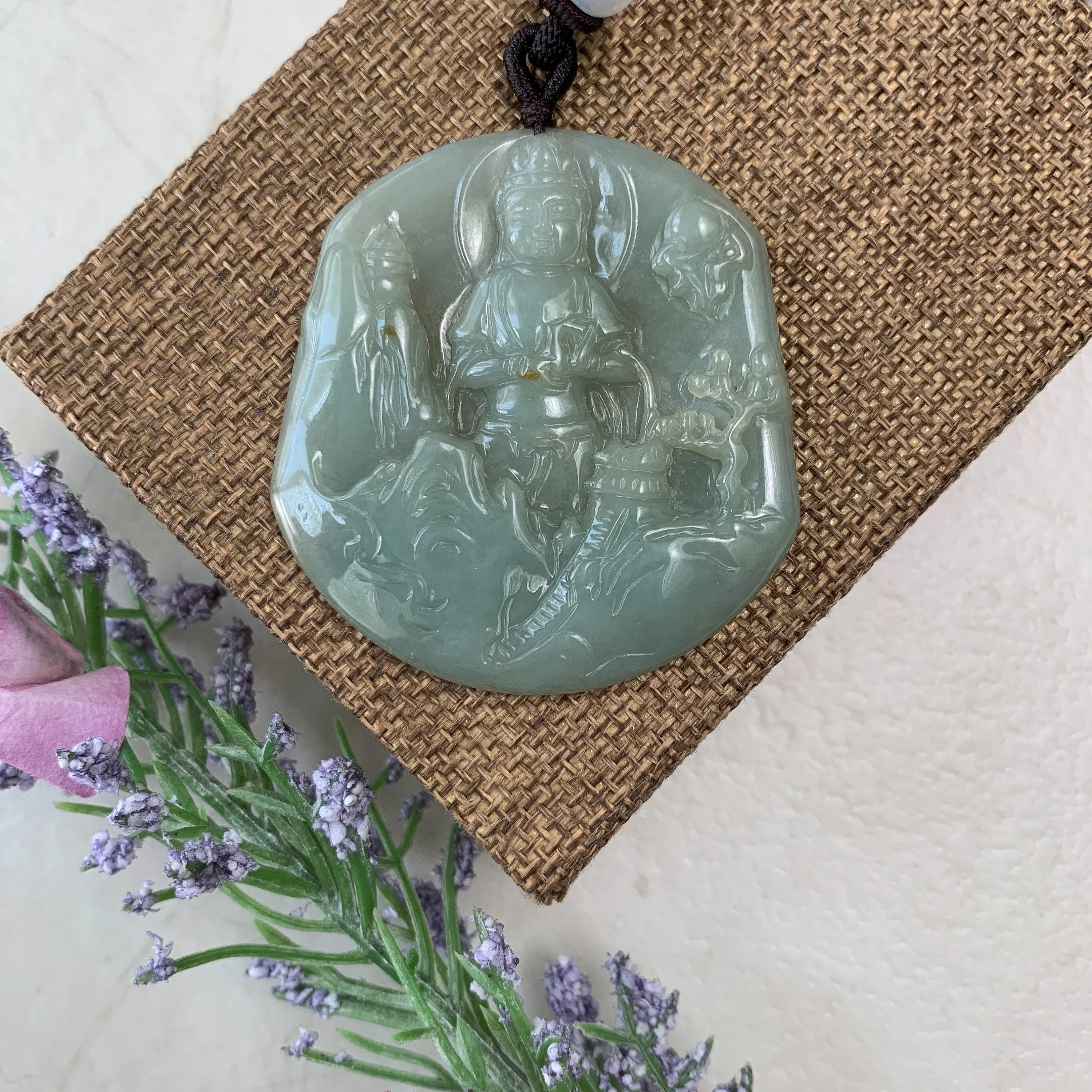 Jadeite Jade Guan Yin Mountain Landscape Avalokiteshvara Hand Carved Pendant Necklace, YJ-0321-0384928