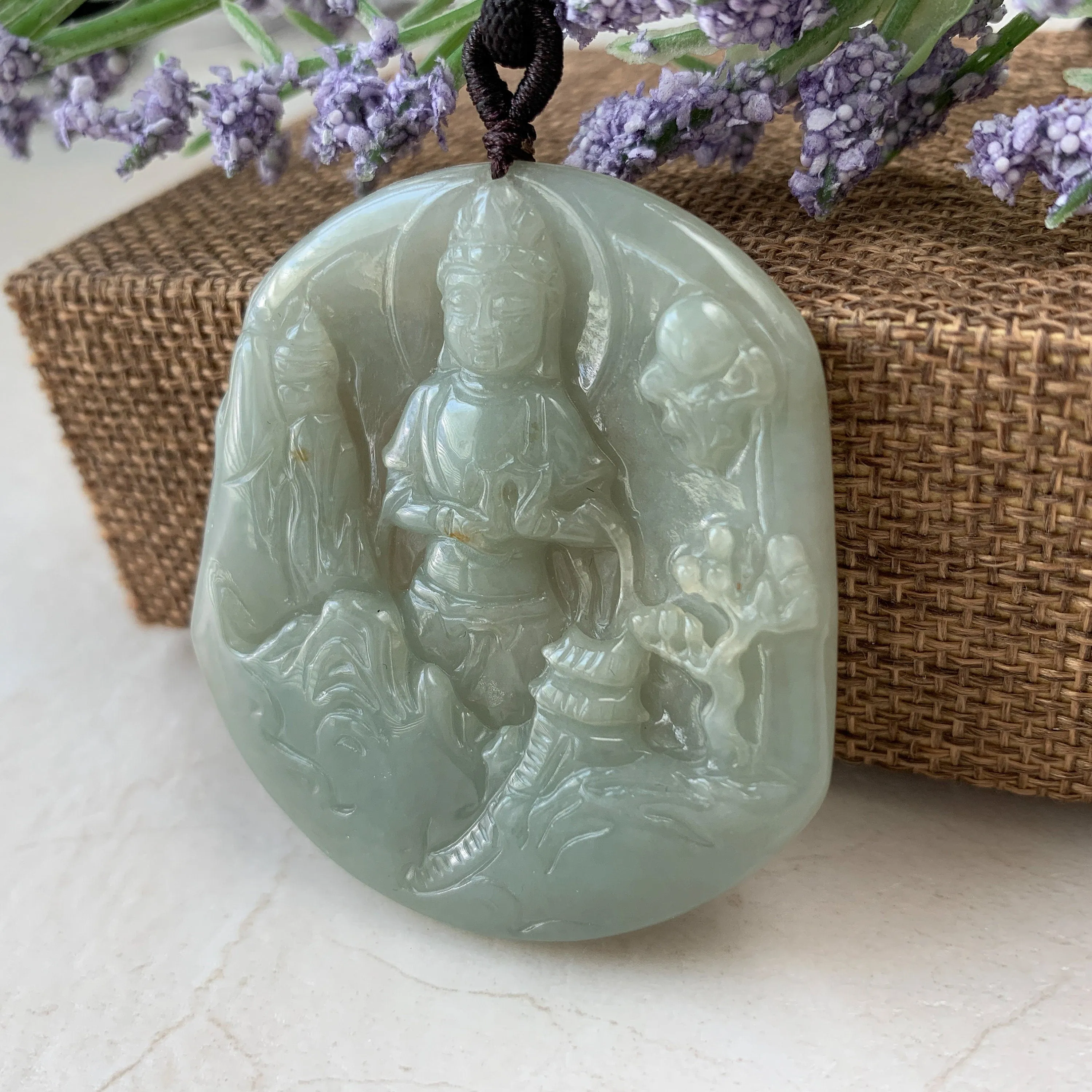 Jadeite Jade Guan Yin Mountain Landscape Avalokiteshvara Hand Carved Pendant Necklace, YJ-0321-0384928